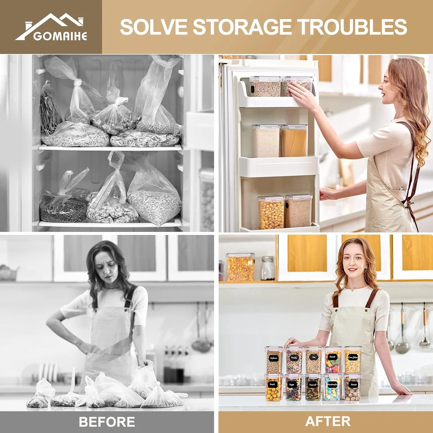 GoMaihe 1.6L Cereal Storage Containers Set of 10, Plastic Airtight Food Storage Containers with Lids, Storage Jars for Storing Pasta, Rice, Rlour, Dog, Cat, Cereal Dispenser Kitchen Organiser, Black