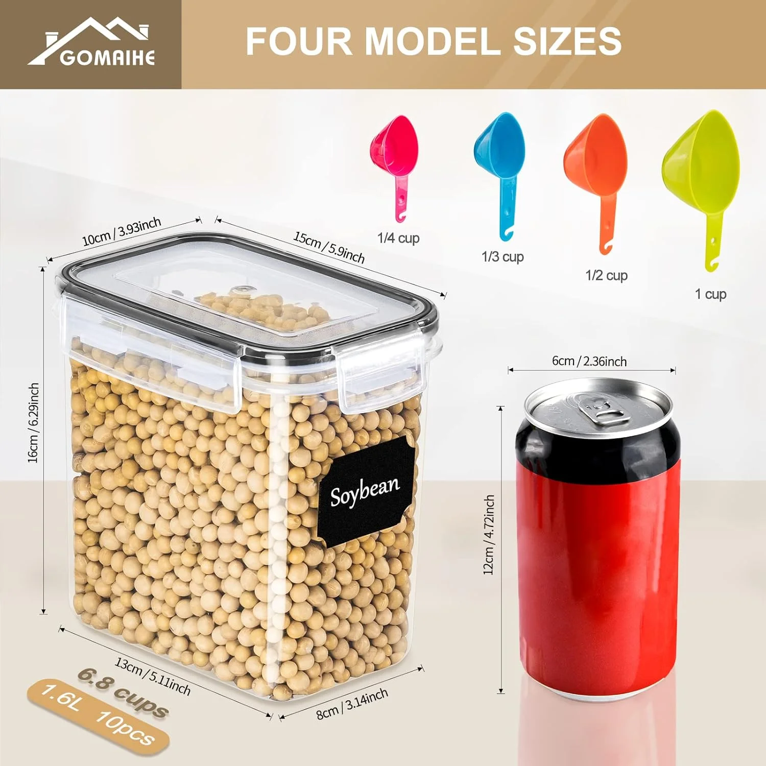 GoMaihe 1.6L Cereal Storage Containers Set of 10, Plastic Airtight Food Storage Containers with Lids, Storage Jars for Storing Pasta, Rice, Rlour, Dog, Cat, Cereal Dispenser Kitchen Organiser, Black