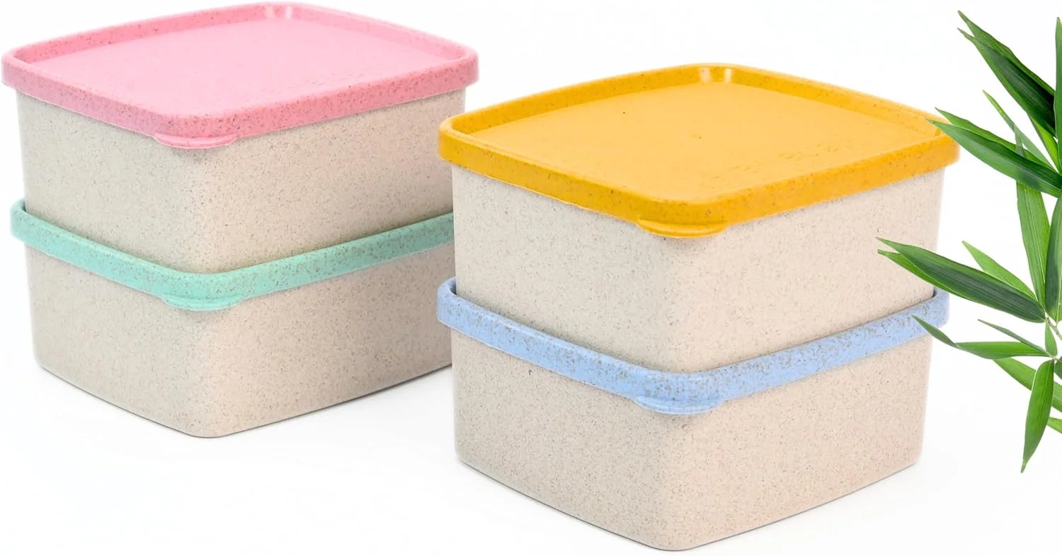 ظروف نگهداری مواد غذایی دوستدار محیط زیست Eha با درب | ست 4 عددی | 500 میلی لیتر | ساخته شده با پوسته برنج | جعبه های مناسب مایکروویو و نگهداری در یخچال برای آشپزخانه | چند رنگ روشن