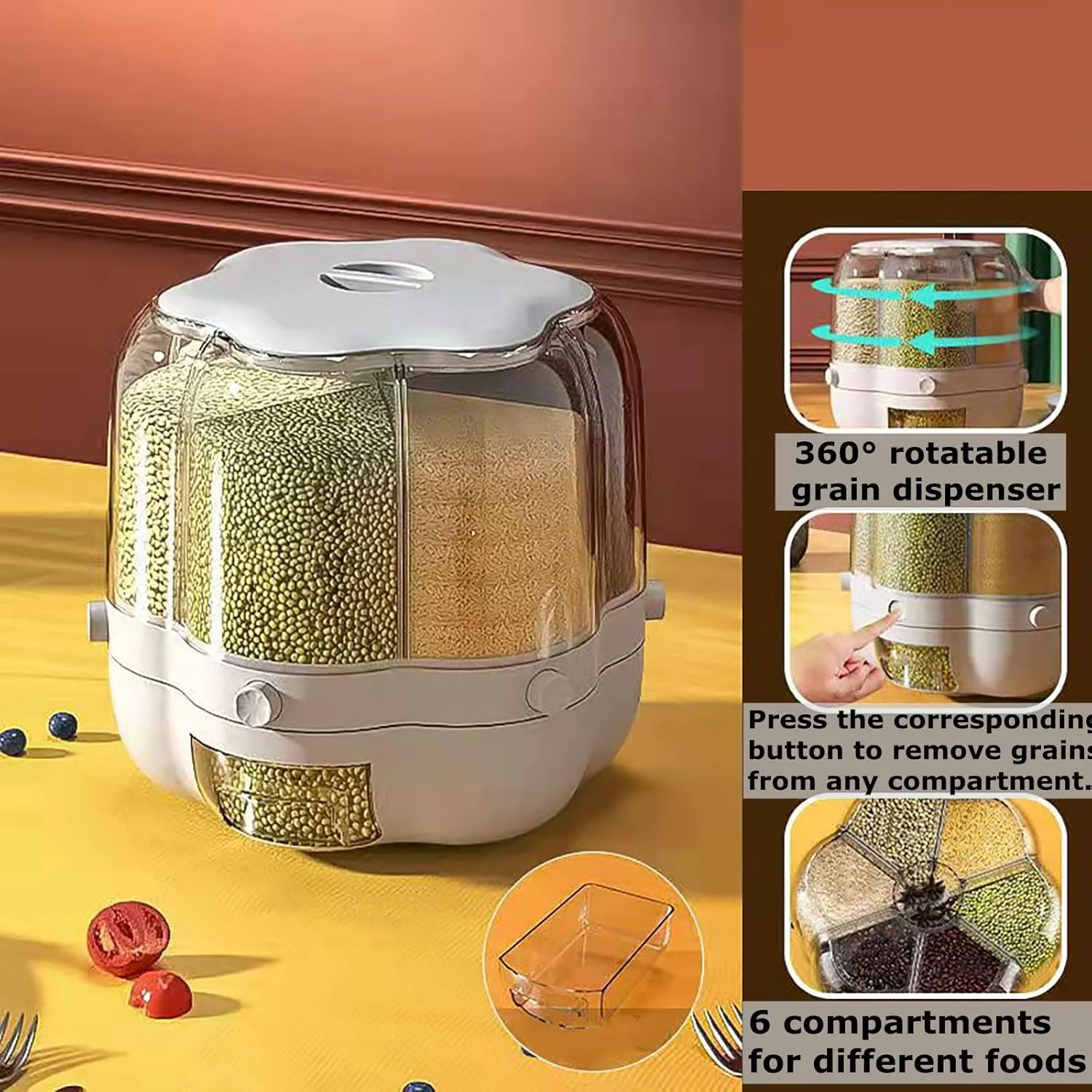 ظرف نگهدارنده چرخشی 6 قسمتی مواد غذایی DXDYDZ، سطل برنج گرد، مخزن ذخیره برنج، ظرف غلات مهر و موم شده، جعبه نگهداری میوه و مواد غذایی خشک برای خانه و آشپزخانه (شفاف)