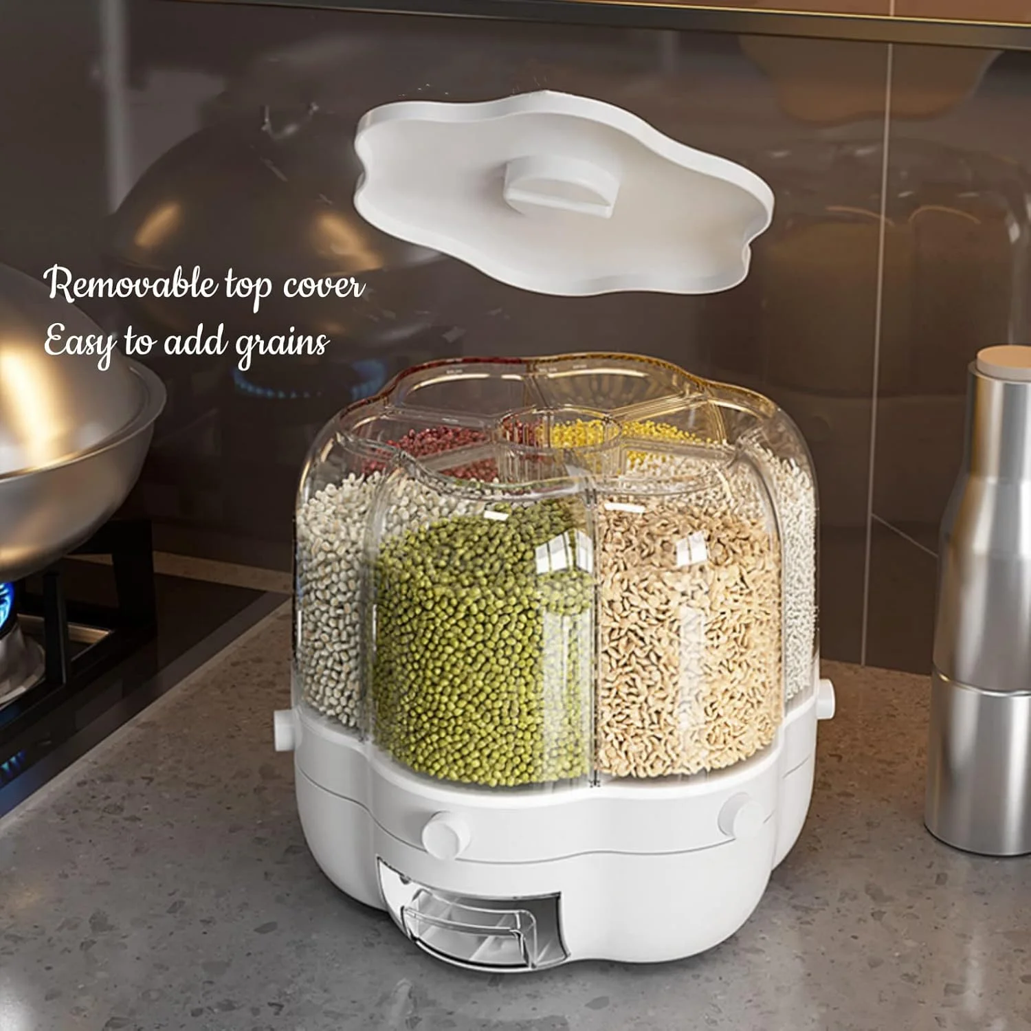 ظرف نگهدارنده چرخشی 6 قسمتی مواد غذایی DXDYDZ، سطل برنج گرد، مخزن ذخیره برنج، ظرف غلات مهر و موم شده، جعبه نگهداری میوه و مواد غذایی خشک برای خانه و آشپزخانه (شفاف)