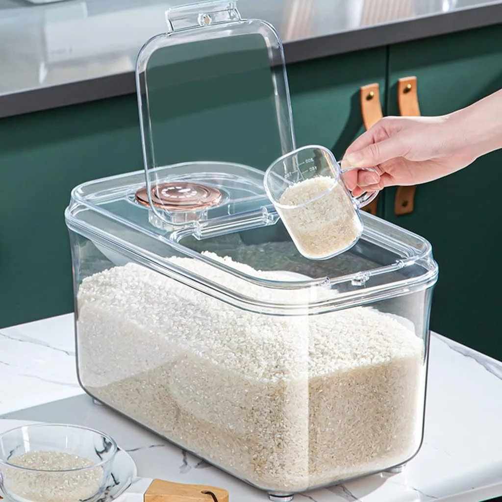 ظرف نگهداری برنج و مواد غذایی با درب، جا حبوباتی و غلات، نظم دهنده آشپزخانه، مناسب برای آرد، غلات، برنج، آجیل، حبوبات و غیره، شفاف، ظرفیت 5 کیلوگرم