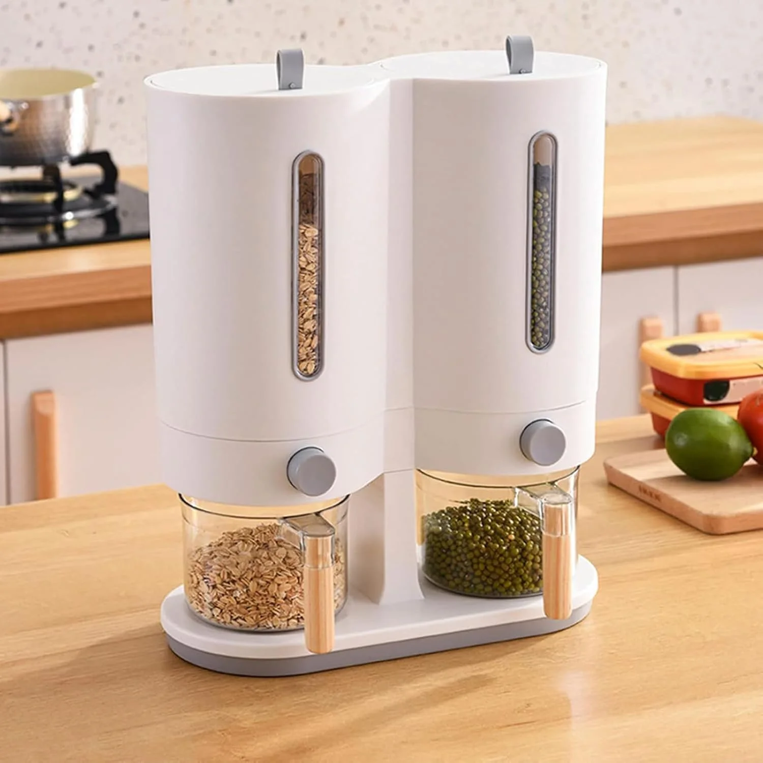 ظرف نگهداری برنج، محفظه نگهداری مواد غذایی خشک | ظرف دو مخزنه غلات آشپزخانه - مناسب برای حبوبات، دانه سویا، لوبیا سبز، ذرت، آرد، جو دوسر، قفسه و پیشخوان