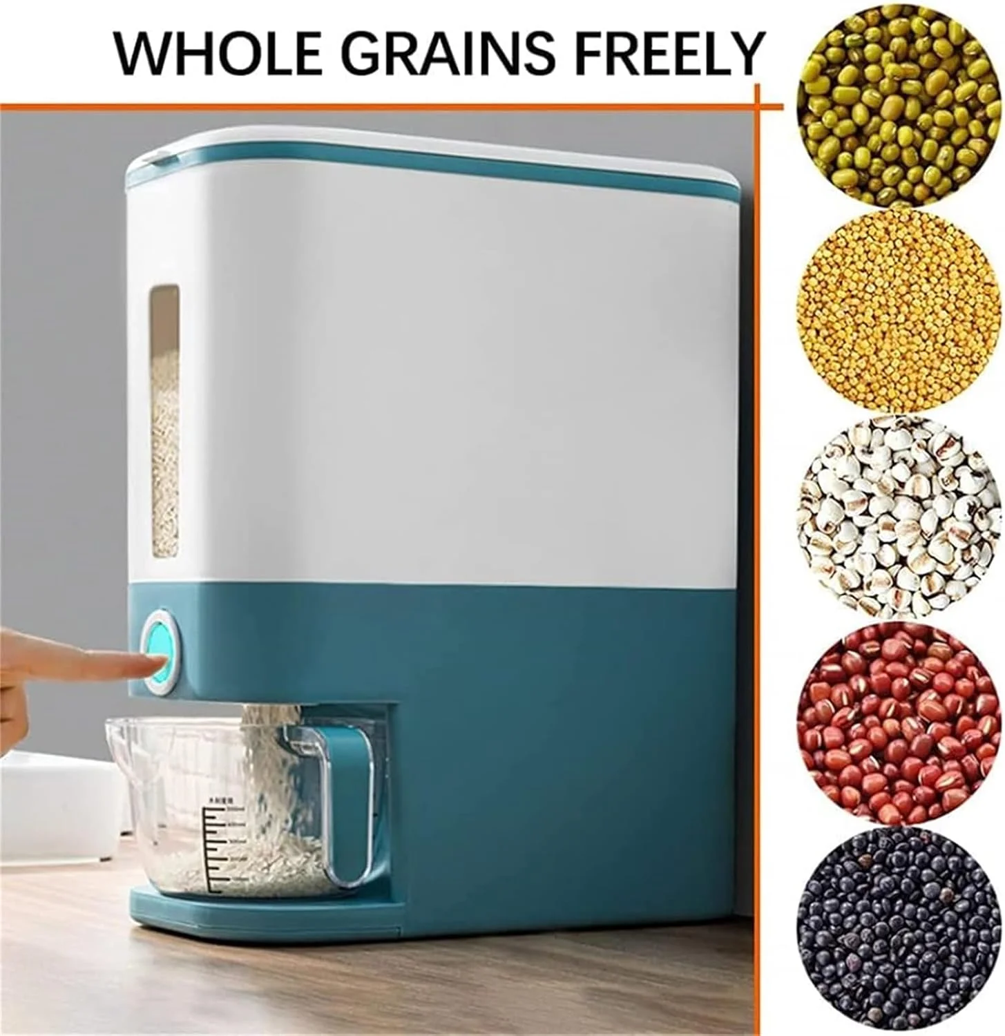 ظرف نگهداری برنج اتوماتیک HALAMODO - ظرف بزرگ درب دار و مهر و موم شده برای آشپزخانه، ظرف غلات و برنج ۱۲ کیلویی، جعبه نگهداری مواد غذایی و غلات ضد رطوبت (آبی)