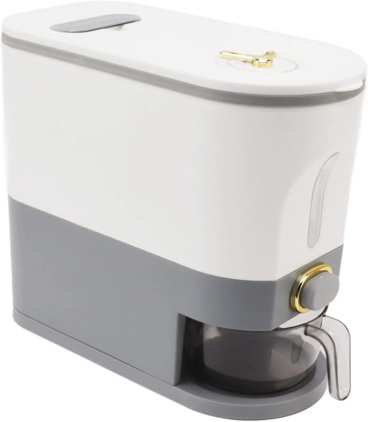 ظرف نگهداری غذای خشک Asixxsix، ظرف برنج دربسته با ظرفیت زیاد برای غلات و حبوبات، مقاوم در برابر رطوبت، همراه با پیمانه، مناسب برای غلات ریز و لوبیا (خاکستری، سایز کوچک)