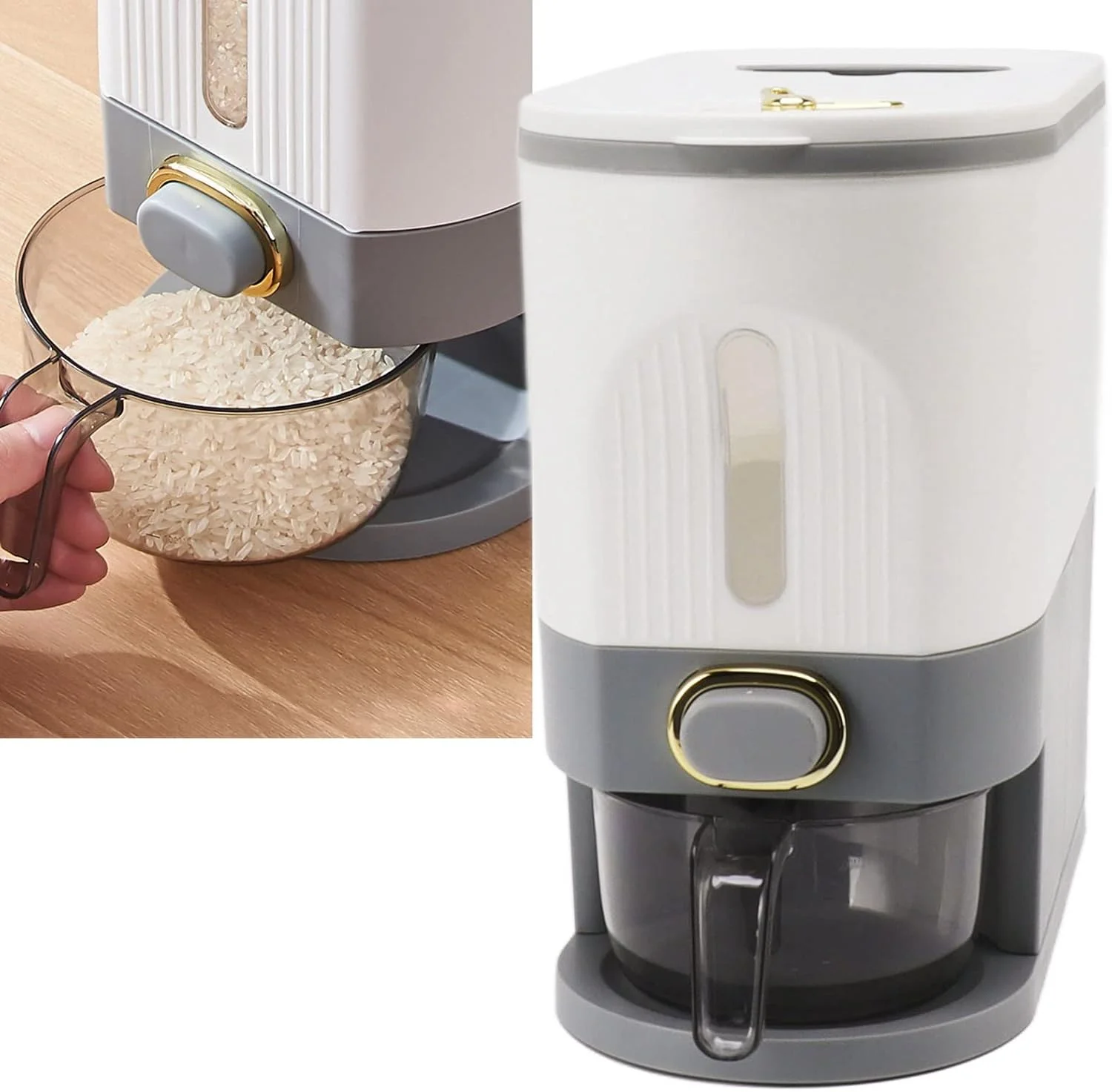 ظرف نگهداری غذای خشک Asixxsix، ظرف برنج دربسته با ظرفیت زیاد برای غلات و حبوبات، مقاوم در برابر رطوبت، همراه با پیمانه، مناسب برای غلات ریز و لوبیا (خاکستری، سایز کوچک)