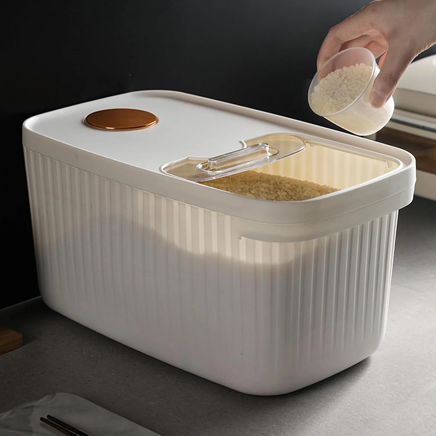 ظرف برنج 10 کیلوگرمی GLOGLOW، مخزن نگهداری مواد غذایی با پنجره شفاف برای حبوبات، آرد، شکر، قهوه، برنج، آجیل، تنقلات و غذای حیوانات خانگی (سفید)