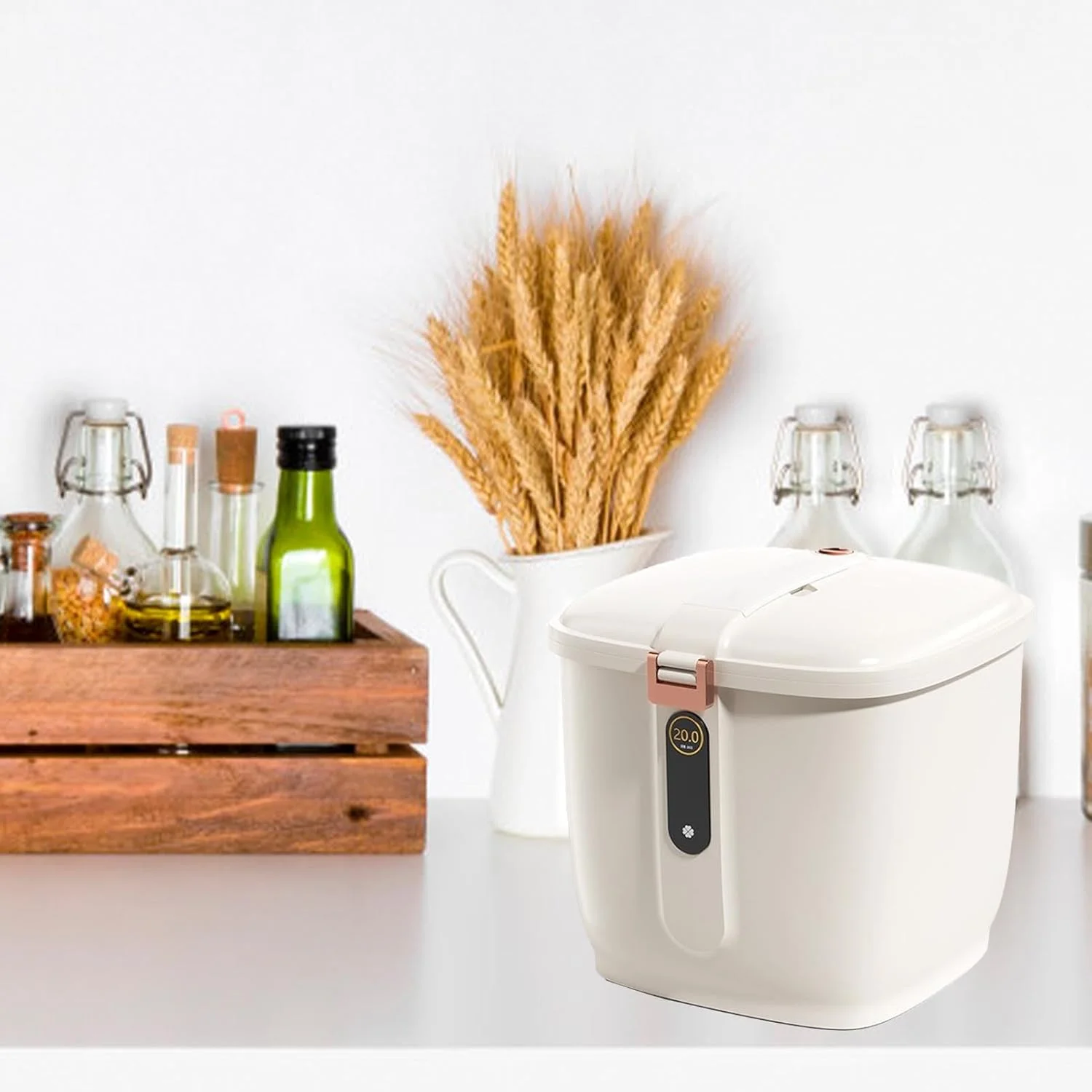 ظرف نگهداری برنج RIZGHWOY، سطل غلات ضد هوا، پخش کننده غلات مناسب برای انبار آشپزخانه، غذای حیوانات خانگی، نگهدارنده بزرگ مهر و موم شده (سفید کرم 10 کیلوگرم)