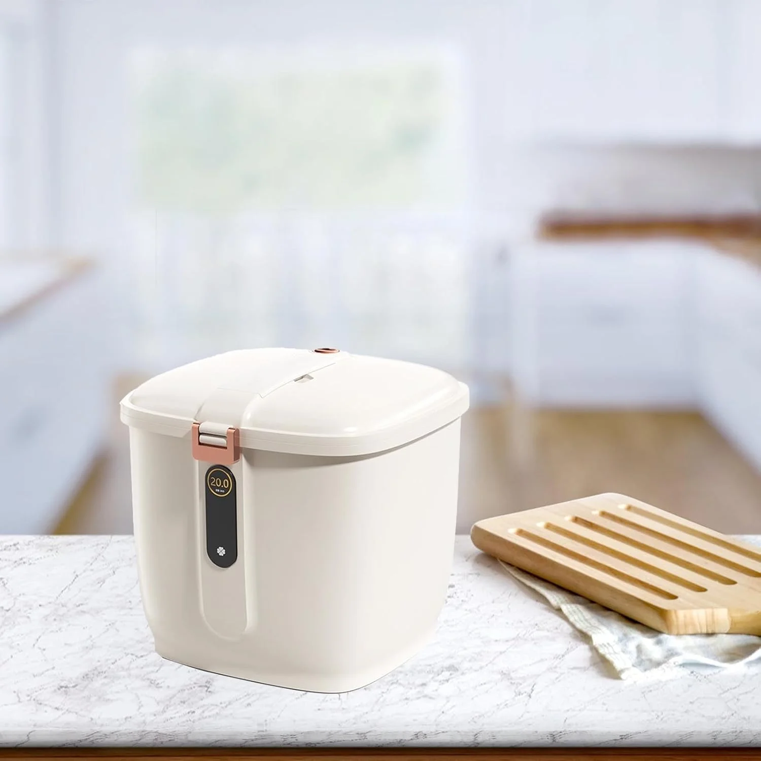 ظرف نگهداری برنج RIZGHWOY، سطل غلات ضد هوا، پخش کننده غلات مناسب برای انبار آشپزخانه، غذای حیوانات خانگی، نگهدارنده بزرگ مهر و موم شده (سفید کرم 10 کیلوگرم)