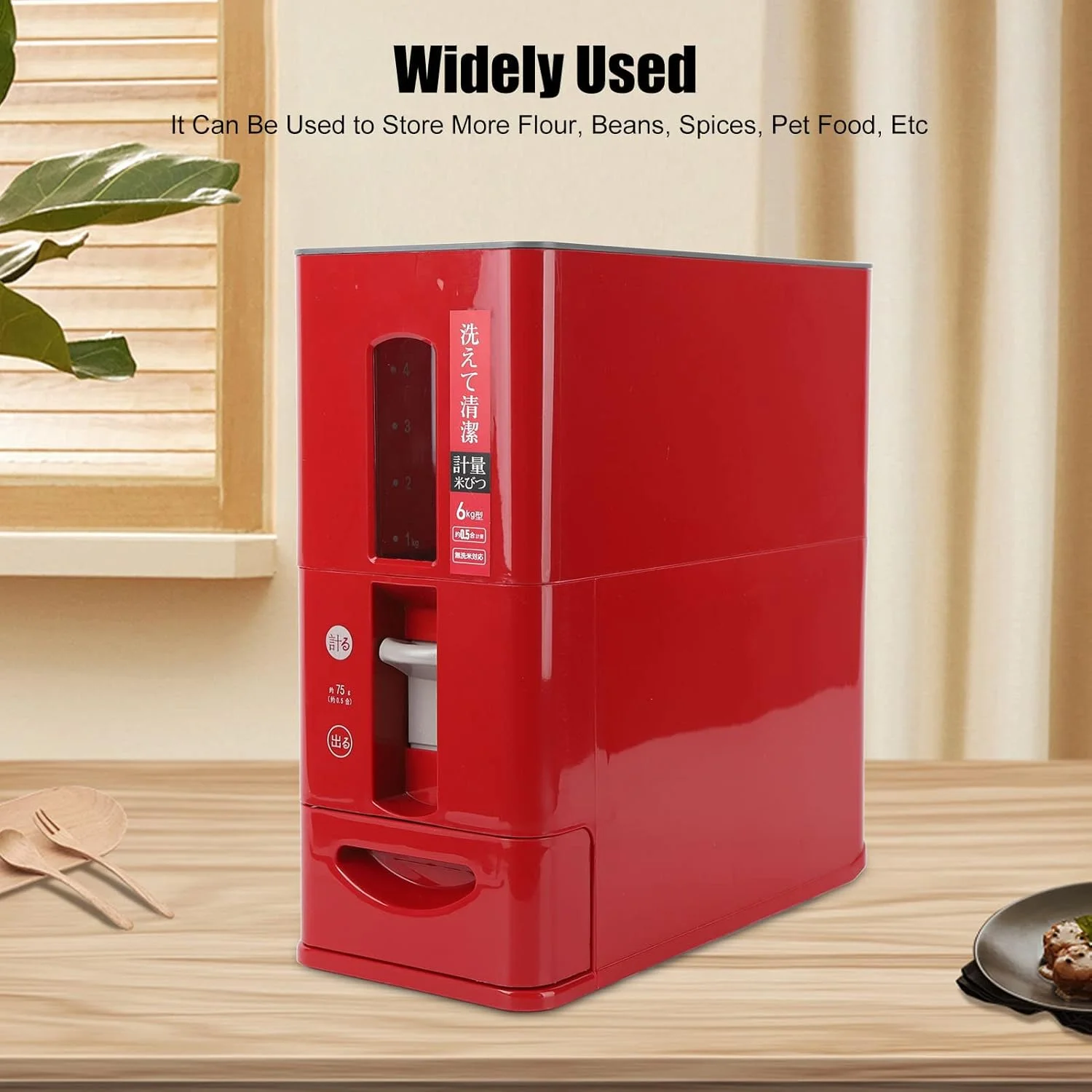 ظرف برنج 6 کیلوگرمی Asixxsix، محفظه نگهداری دانه های برنج درب دار کشویی با پیمانه اندازه گیری، پنجره شفاف مدرج، ظرف غذای اتوماتیک، نظم دهنده آشپزخانه برای غلات (قرمز)