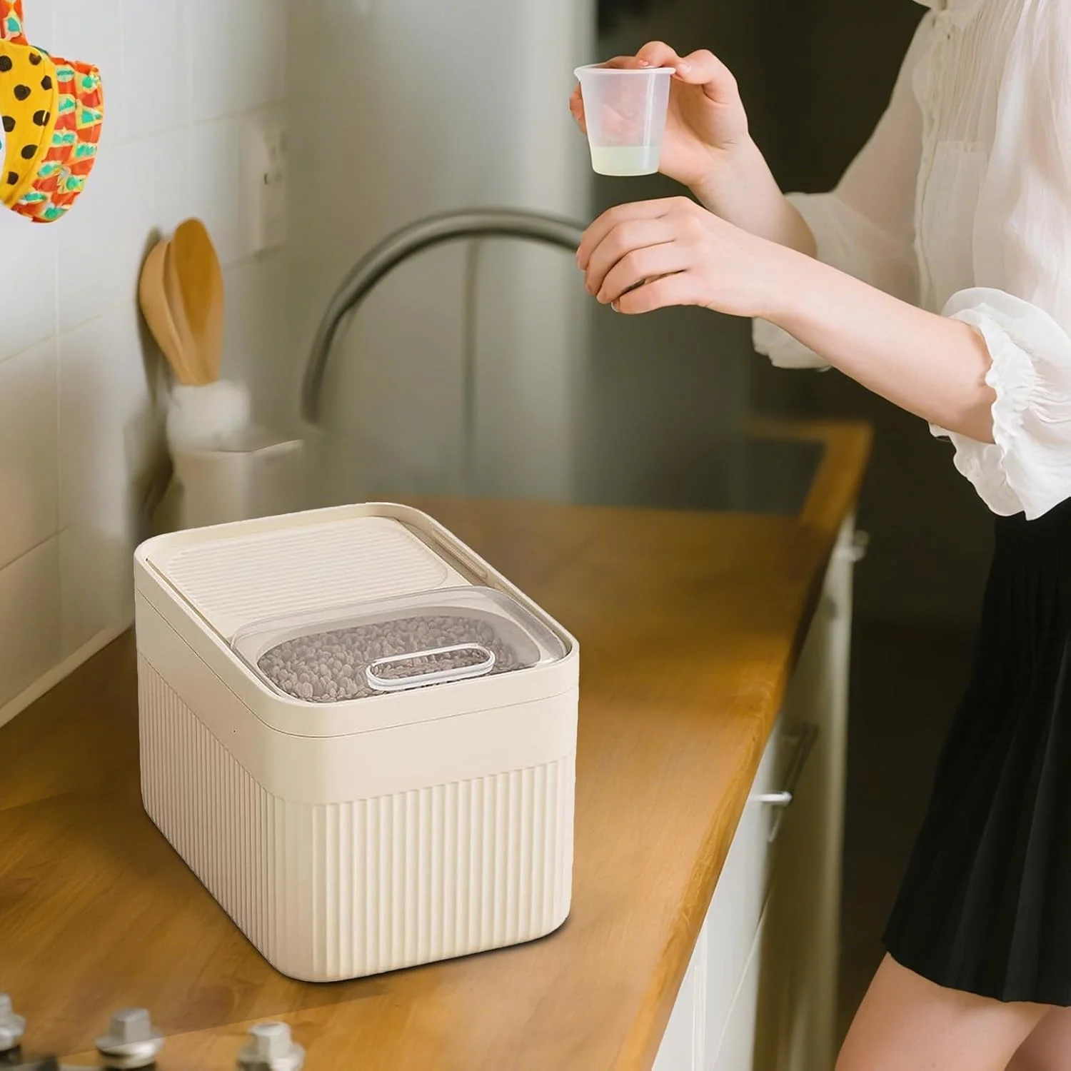 ظرف نگهداری برنج | ظرف سازمان دهنده غذای حیوانات خانگی ضد گرد و غبار با پیمانه اندازه گیری، ظروف سازمان دهنده برنج برای غلات، غذای حیوانات خانگی، آرد، تنقلات و دانه ها