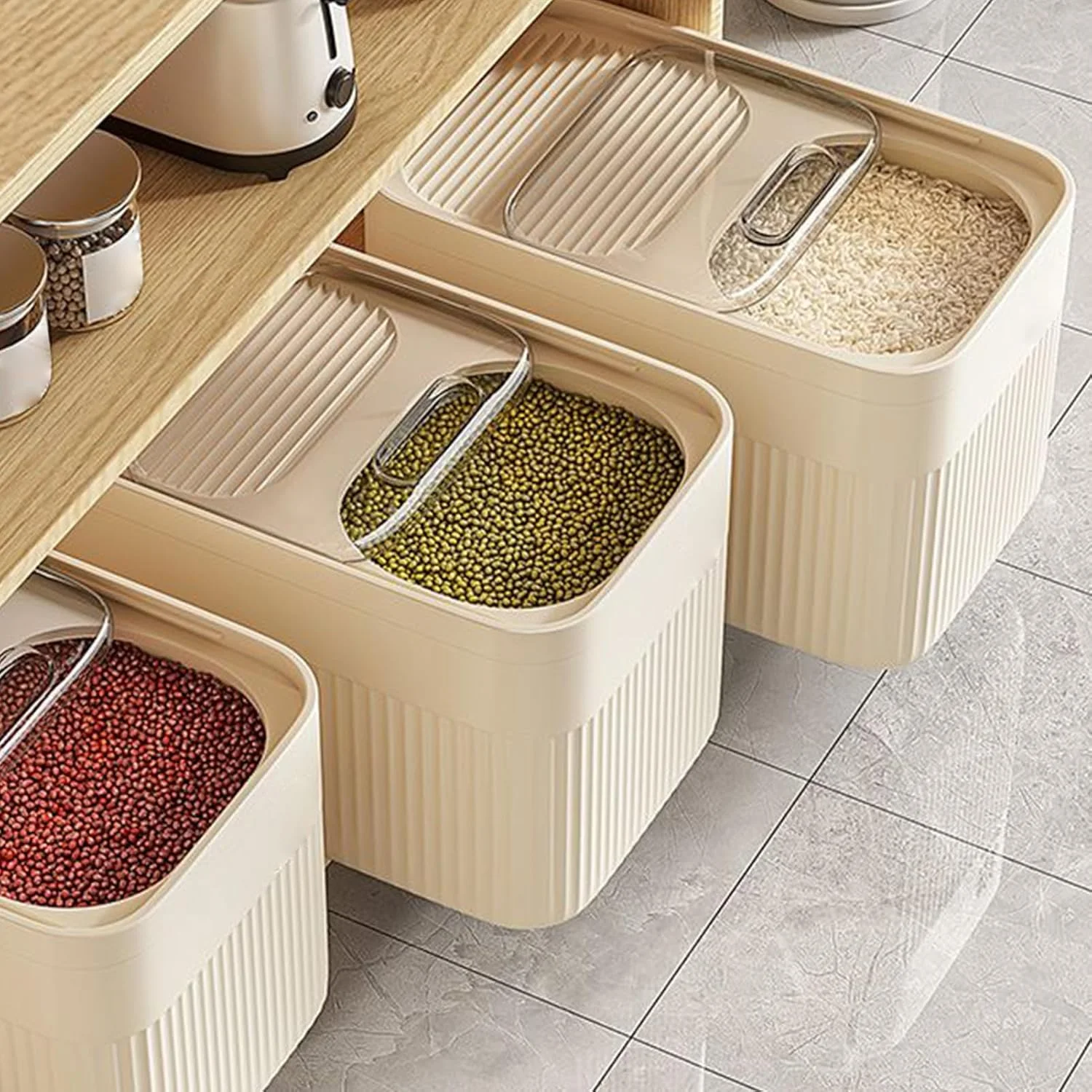 Rice Storage Container - Dustproof Pet Food Organizer Bin With Measuring Cup - Rice Organizer Containers for Cereal Pet Food Flour Snack Grain