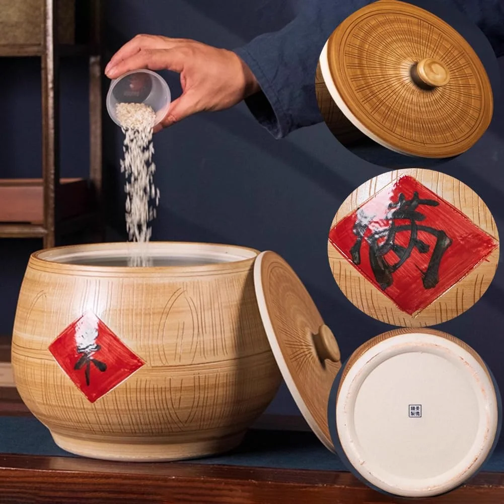 ظرف غلات درب دار TT-YEF با ظرفیت 25 کیلوگرم، کوزه برنج سرامیکی با درب، ظرف نگهداری برنج، جعبه برنج بزرگ با طراحی قدیمی، ظرف درب دار آشپزخانه برای آرد و آجیل، ظرفیت 15 کیلوگرم