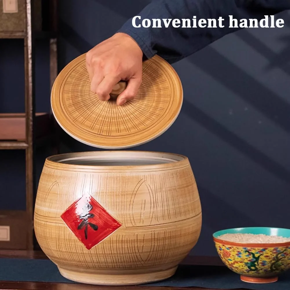 ظرف غلات درب دار TT-YEF با ظرفیت 25 کیلوگرم، کوزه برنج سرامیکی با درب، ظرف نگهداری برنج، جعبه برنج بزرگ با طراحی قدیمی، ظرف درب دار آشپزخانه برای آرد و آجیل، ظرفیت 15 کیلوگرم