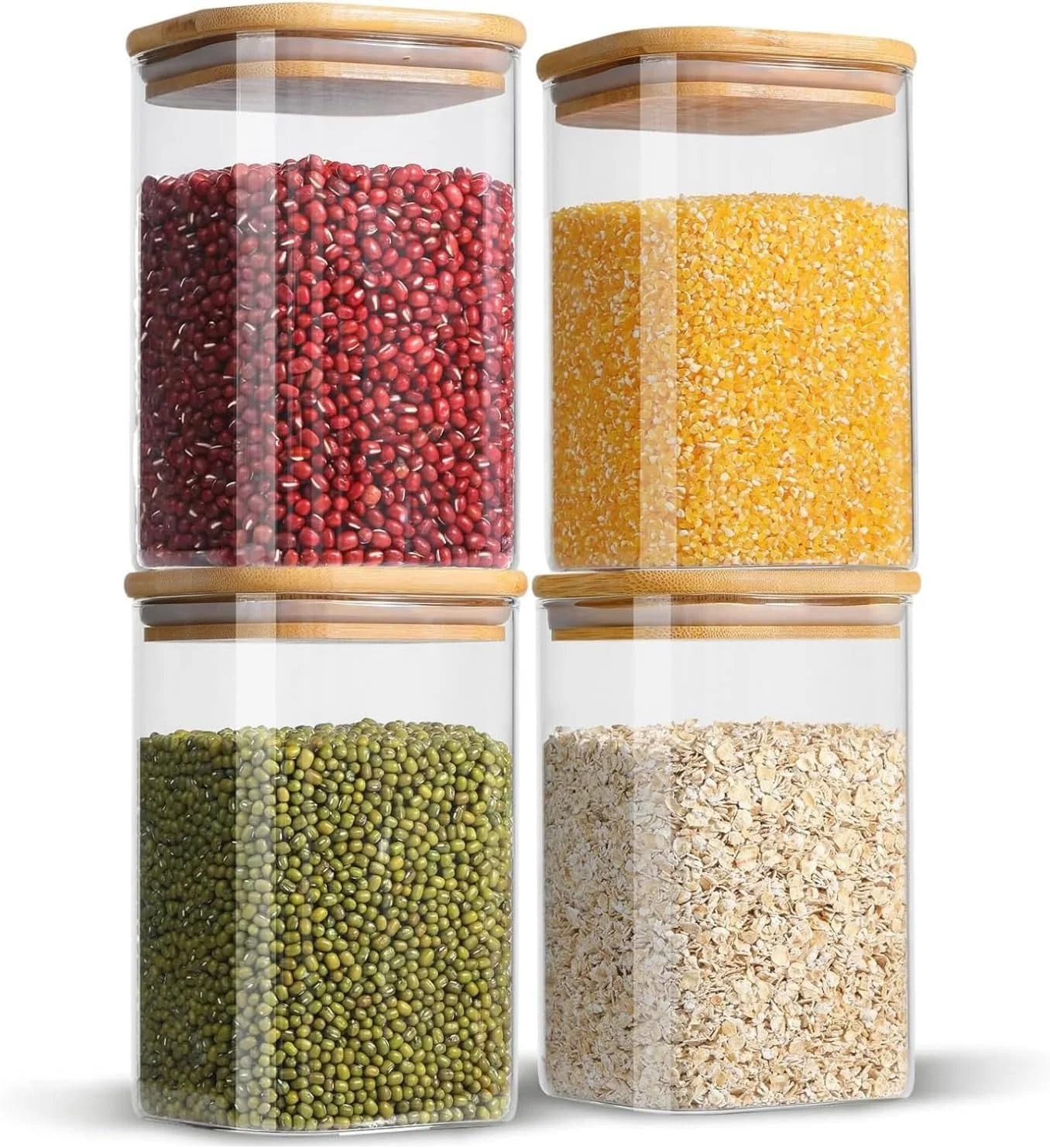 ست 4 عددی ظروف شیشه ای با درب بامبو (1100 میلی لیتر)، ظروف شیشه ای شفاف برای ادویه جات و نگهداری مواد غذایی در آشپزخانه