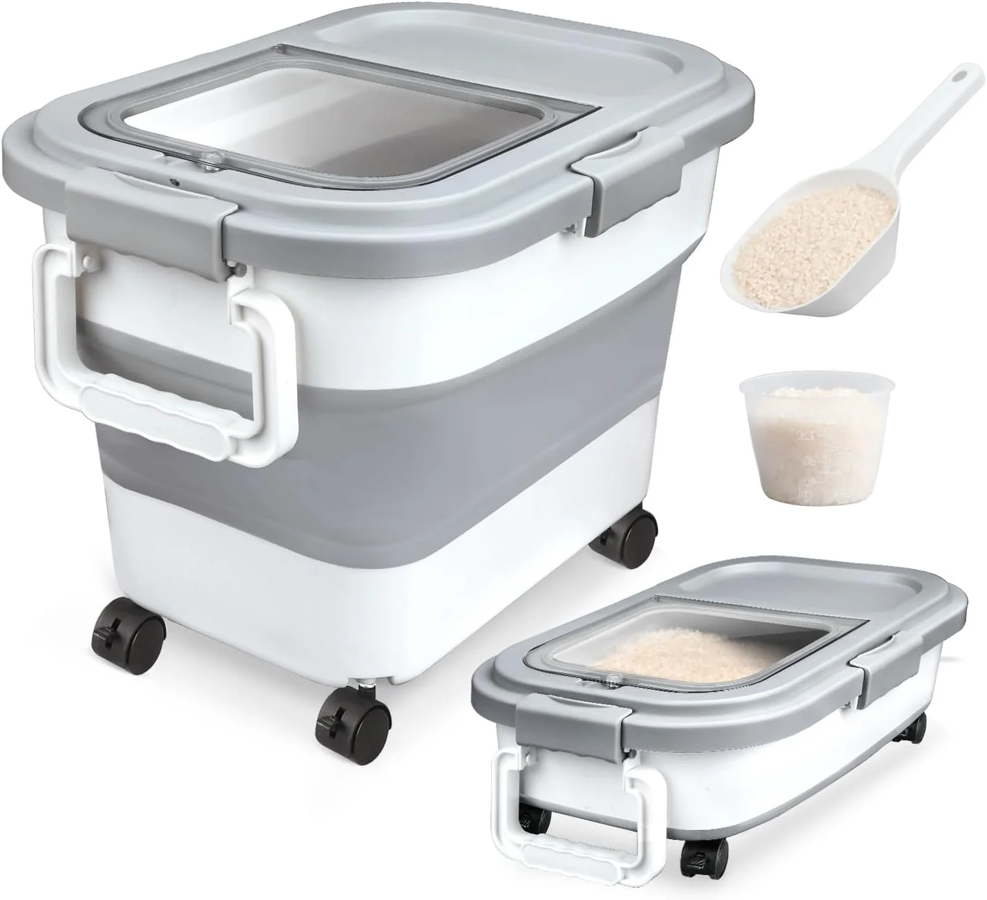 Komzon Rice Storage Container, Collapsible Airtight Food Storage Containers 20-30 Lbs, Rice Dispenser Bin with Cup and Scoop for Flour Cereal Pasta Grain, Cat Bird Pet Dog Food Storage Container