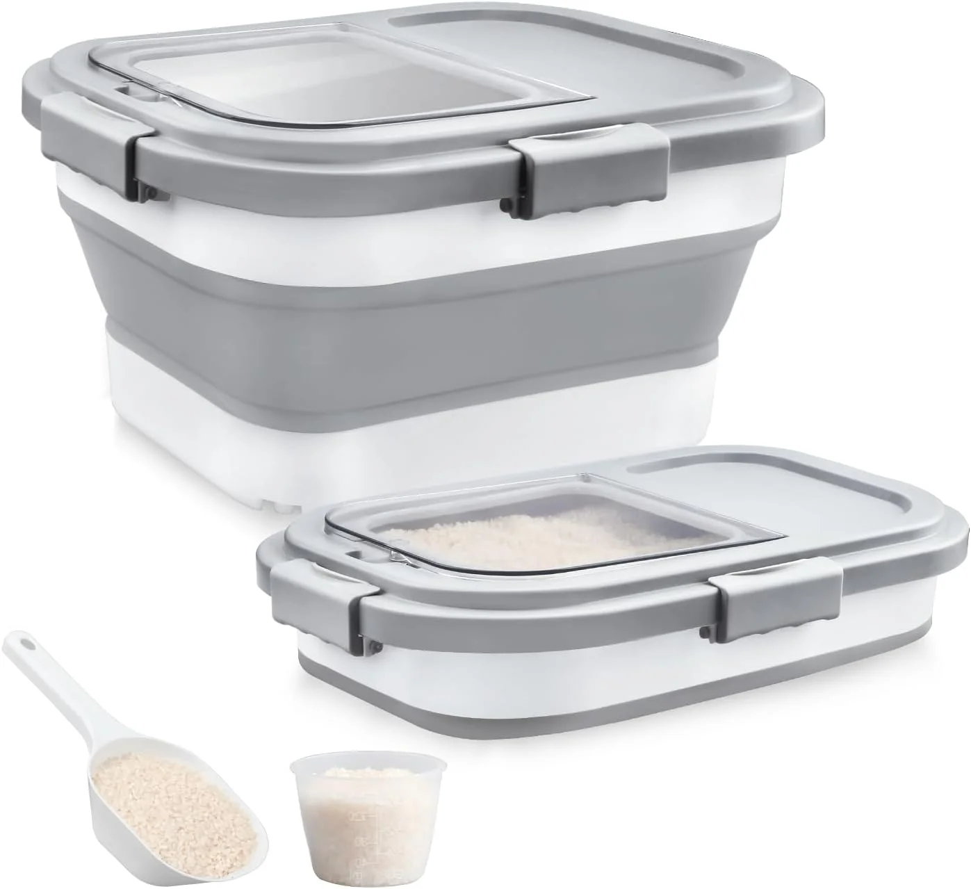 Komzon Rice Storage Container, Collapsible Airtight Food Storage Containers 6-20 Lbs, Rice Dispenser Bin with Cup and Scoop for Flour Cereal Pasta Grain, Cat Bird Pet Dog Food Storage Container