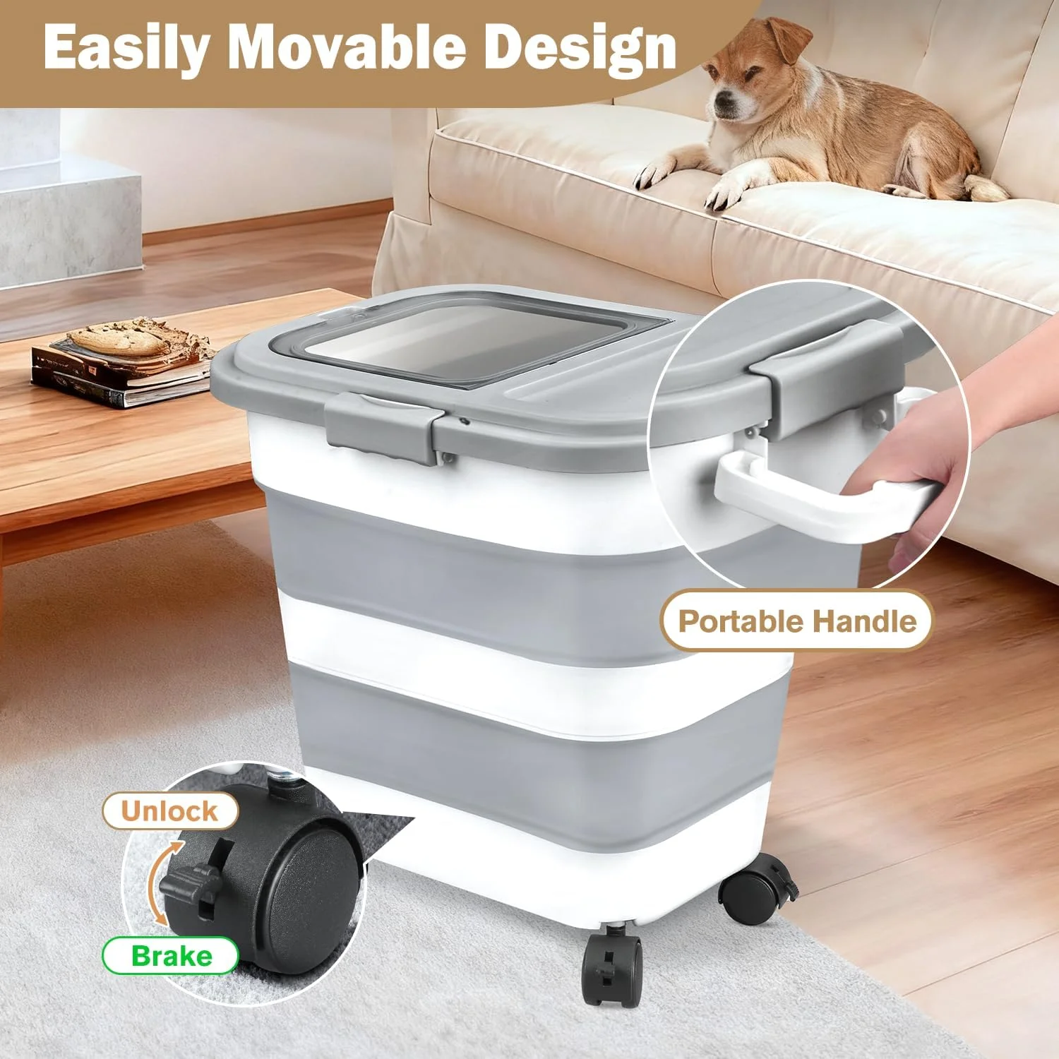 Komzon Rice Storage Container, Collapsible Airtight Food Storage Containers 6-20 Lbs, Rice Dispenser Bin with Cup and Scoop for Flour Cereal Pasta Grain, Cat Bird Pet Dog Food Storage Container