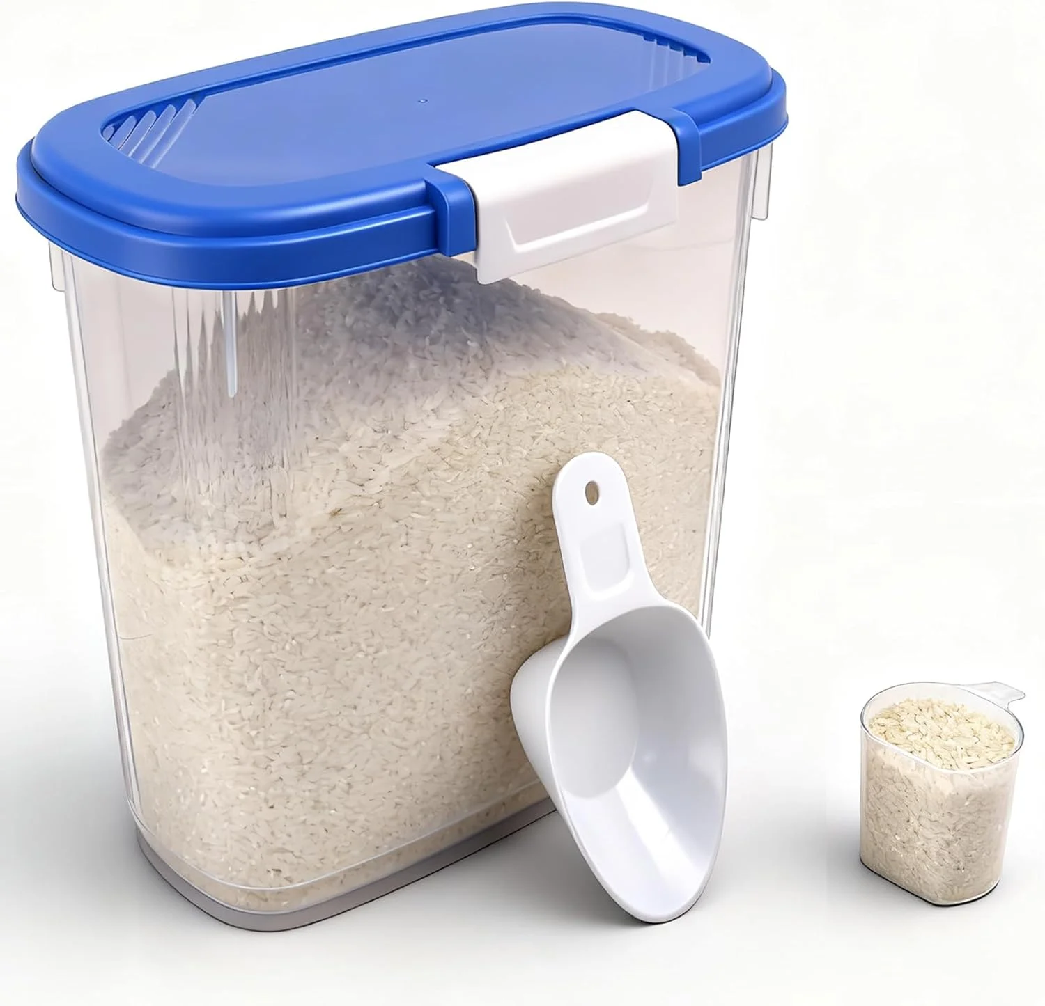 ظرف بزرگ نگهداری برنج با ظرفیت ۹ کیلوگرم - ظرف بلند نگهداری آرد به همراه پیمانه + فنجان - سطل باریک نگهداری مواد غذایی خشک برای غلات، شکر، حبوبات، غذای سگ و گربه - سازماندهی آشپزخانه و انبار