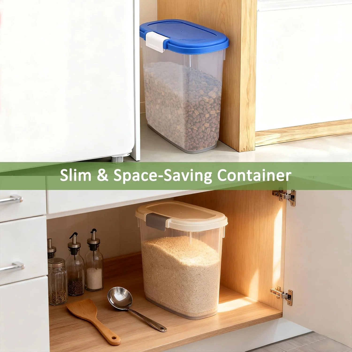 ظرف بزرگ نگهداری برنج با ظرفیت ۹ کیلوگرم - ظرف بلند نگهداری آرد به همراه پیمانه + فنجان - سطل باریک نگهداری مواد غذایی خشک برای غلات، شکر، حبوبات، غذای سگ و گربه - سازماندهی آشپزخانه و انبار