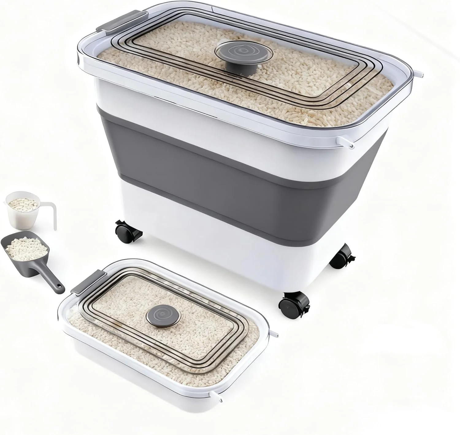 ظرف نگهداری برنج، ظروف نگهداری مواد غذایی تاشو و ضد هوا با درب شفاف و چرخ، پخش کننده برنج با پیمانه برای آرد، غلات، پاستا، دانه، ظرف نگهداری غذای گربه، حیوانات خانگی، پرندگان و سگ