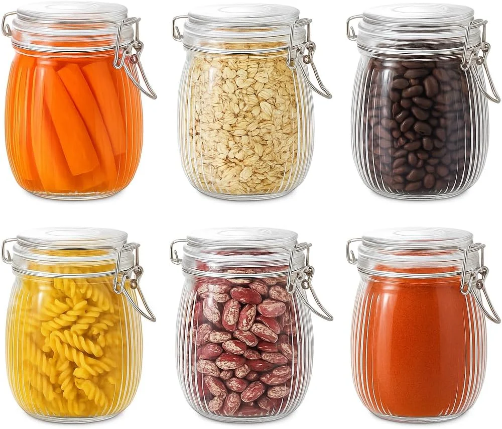 ست 6 عددی ظروف شیشه ای درب دار، ظروف بزرگ 25 اونسی راه راه برای نگهداری مواد غذایی - برنج، آرد، پاستا، غذای حیوانات خانگی، ظروف مخصوص انبار