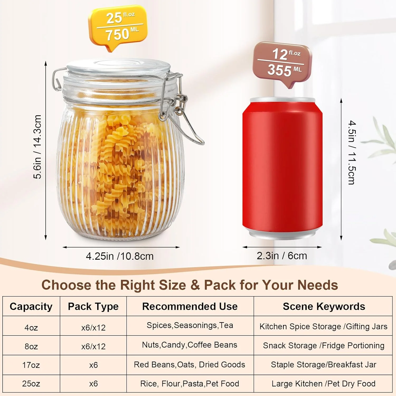 ست 6 عددی ظروف شیشه ای درب دار، ظروف بزرگ 25 اونسی راه راه برای نگهداری مواد غذایی - برنج، آرد، پاستا، غذای حیوانات خانگی، ظروف مخصوص انبار