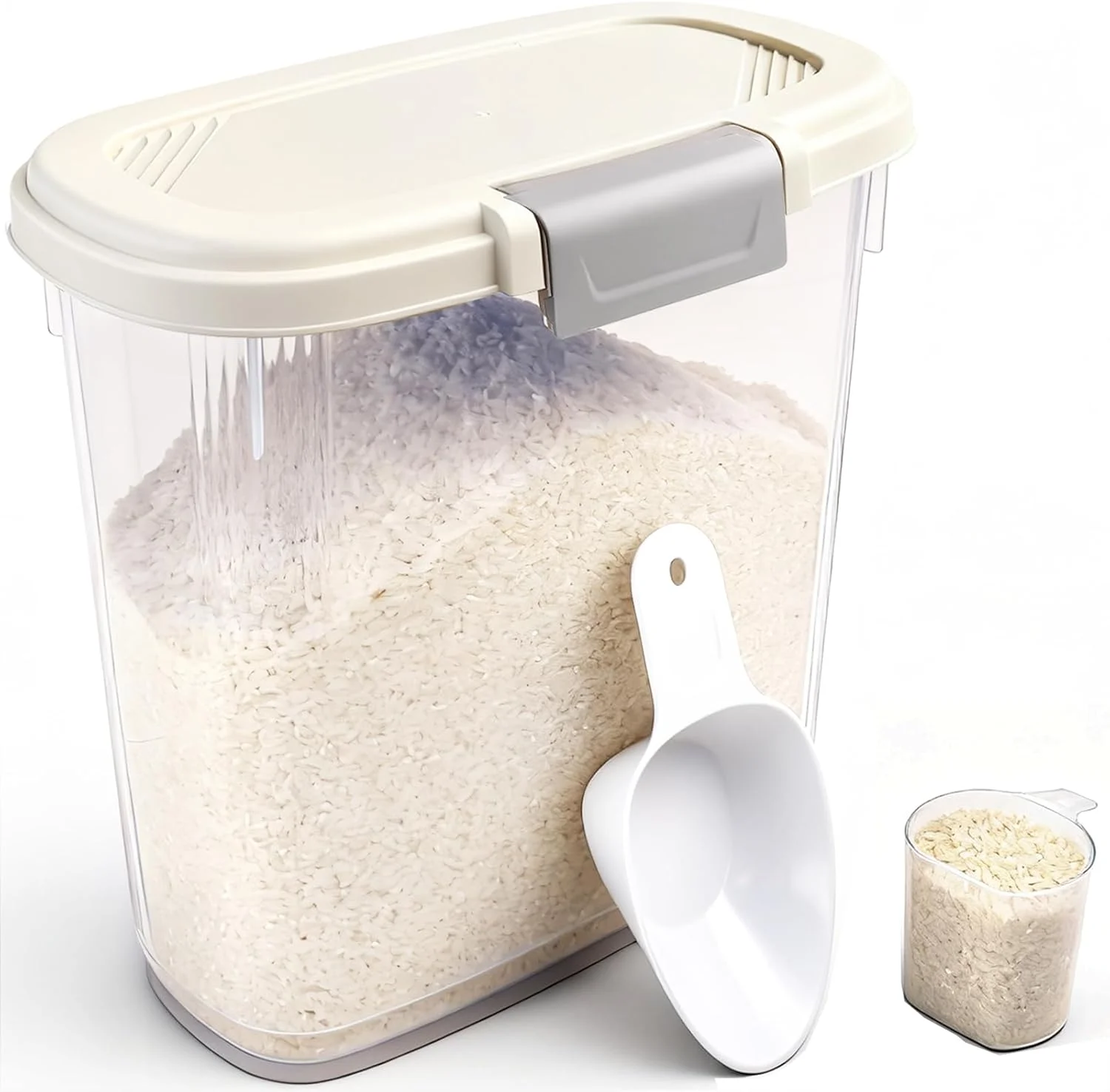 ظرف بزرگ نگهداری برنج با ظرفیت ۹ کیلوگرم - ظرف بلند نگهداری آرد به همراه پیمانه + فنجان - سطل باریک نگهداری مواد غذایی خشک برای غلات، شکر، حبوبات، غذای سگ و گربه - نظم دهنده آشپزخانه و انبار