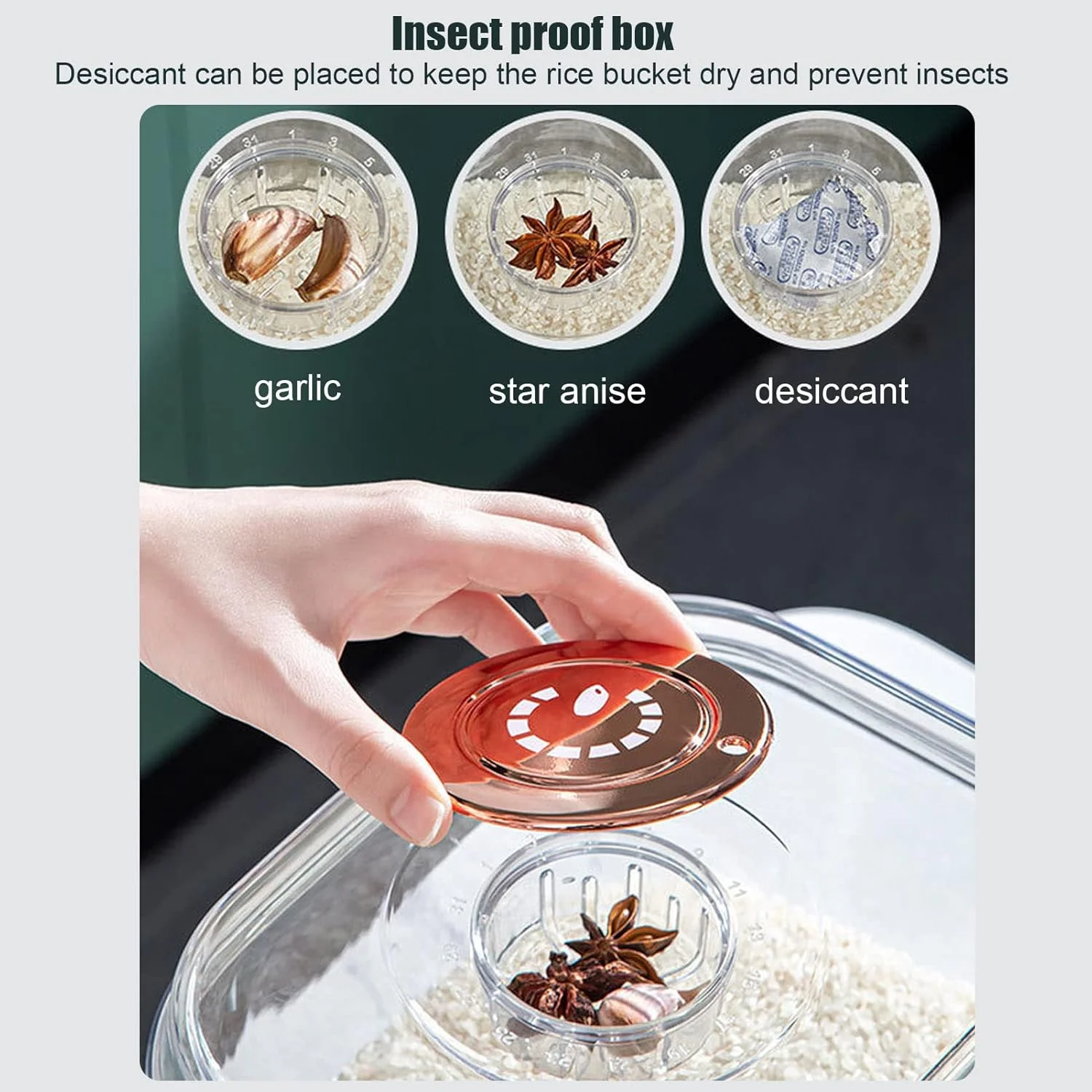 ظرف غلات برنج شفاف نیکو، ظرف غذای ضد حشره با درب چرخشی و پیمانه اندازه گیری برای سازماندهی (-3118220216611)