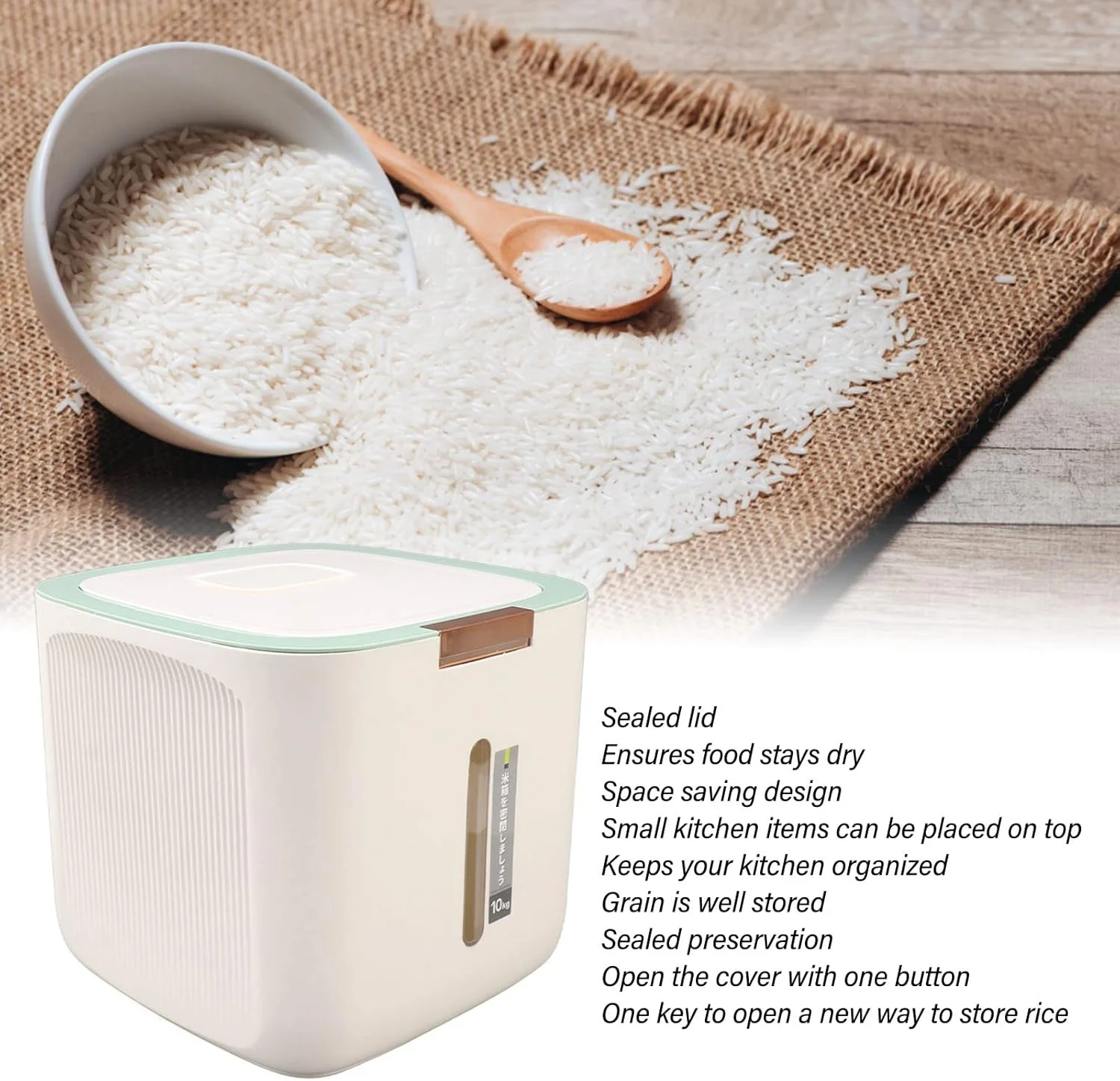 ظرف نگهداری برنج 10 کیلوگرمی، ساخته شده از PP با درجه غذایی، ضخیم شده، دارای ریل نگهداری غلات به همراه پیمانه اندازه گیری و طراحی سازماندهی شده برای صرفه جویی در فضای آشپزخانه (Nikoufmd-13) ظرف نگهداری برنج 10 کیلوگرمی، ساخته شده از PP با درجه غذایی، ضخیم شده، دارای ریل نگهداری غلات به همراه پیمانه اندازه گیری و طراحی سازماندهی شده برای صرفه جویی در فضای آشپزخانه (Nikoufmd-13)