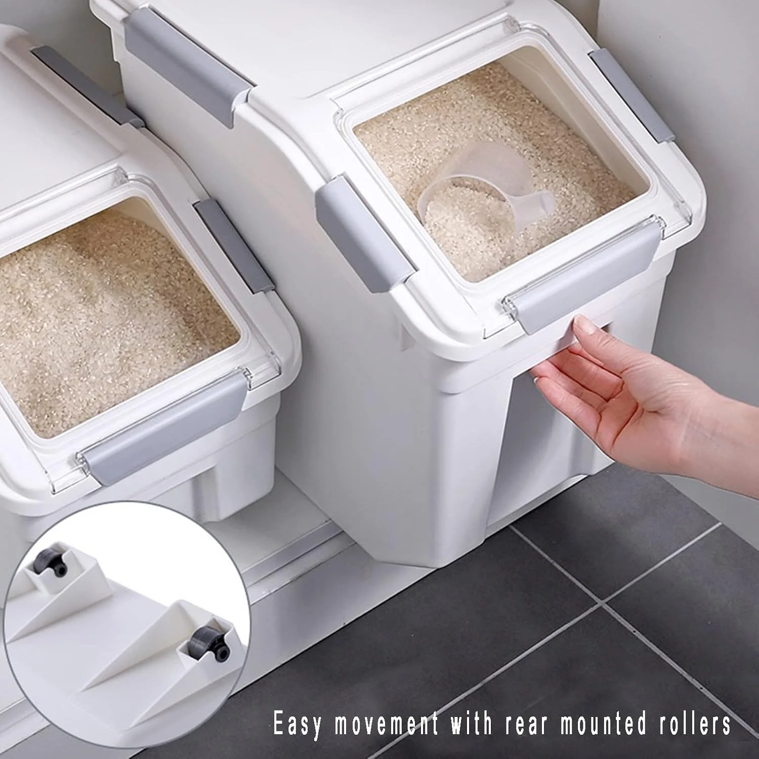 Toolzia Rice Dispenser 10kg with Scoop, Airtight Rice Storage Container Dry Food Dispenser Large Sealed Grain Containe Bin (Grey)