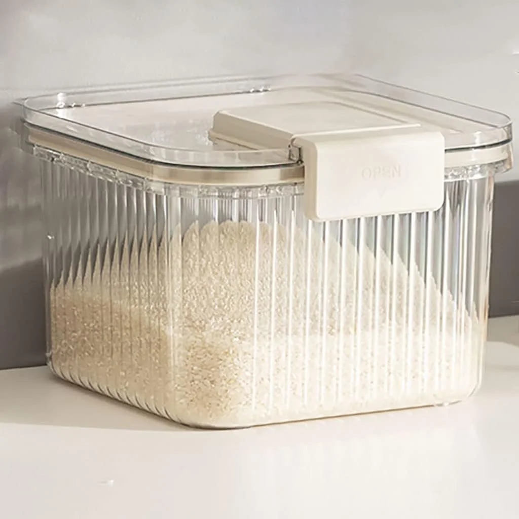ظرف نگهداری برنج و مواد غذایی خشک فله، سطل برنج پلاستیکی با پیمانه اندازه گیری، جعبه نگهداری برنج، ظرف بزرگ و مهر و موم شده غلات (رنگ: سفید، سایز: S/25.8 * 24.2 * 17cm)