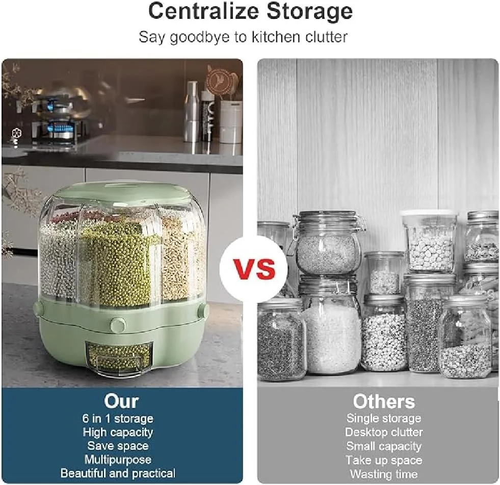 ظرف حبوبات و غلات چرخشی 360 درجه با 6 محفظه، ظرف غذای خشک چرخشی، ظرف برنج درب دار و محفظه نگهداری مواد غذایی برای آشپزخانه، 10 لیتر (سبز 10 لیتر)