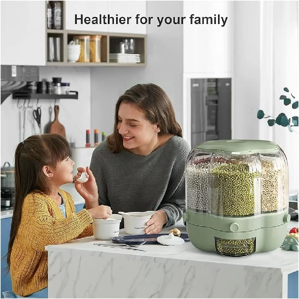 ظرف حبوبات و غلات چرخشی 360 درجه با 6 محفظه، ظرف غذای خشک چرخشی، ظرف برنج درب دار و محفظه نگهداری مواد غذایی برای آشپزخانه، 10 لیتر (سبز 10 لیتر)