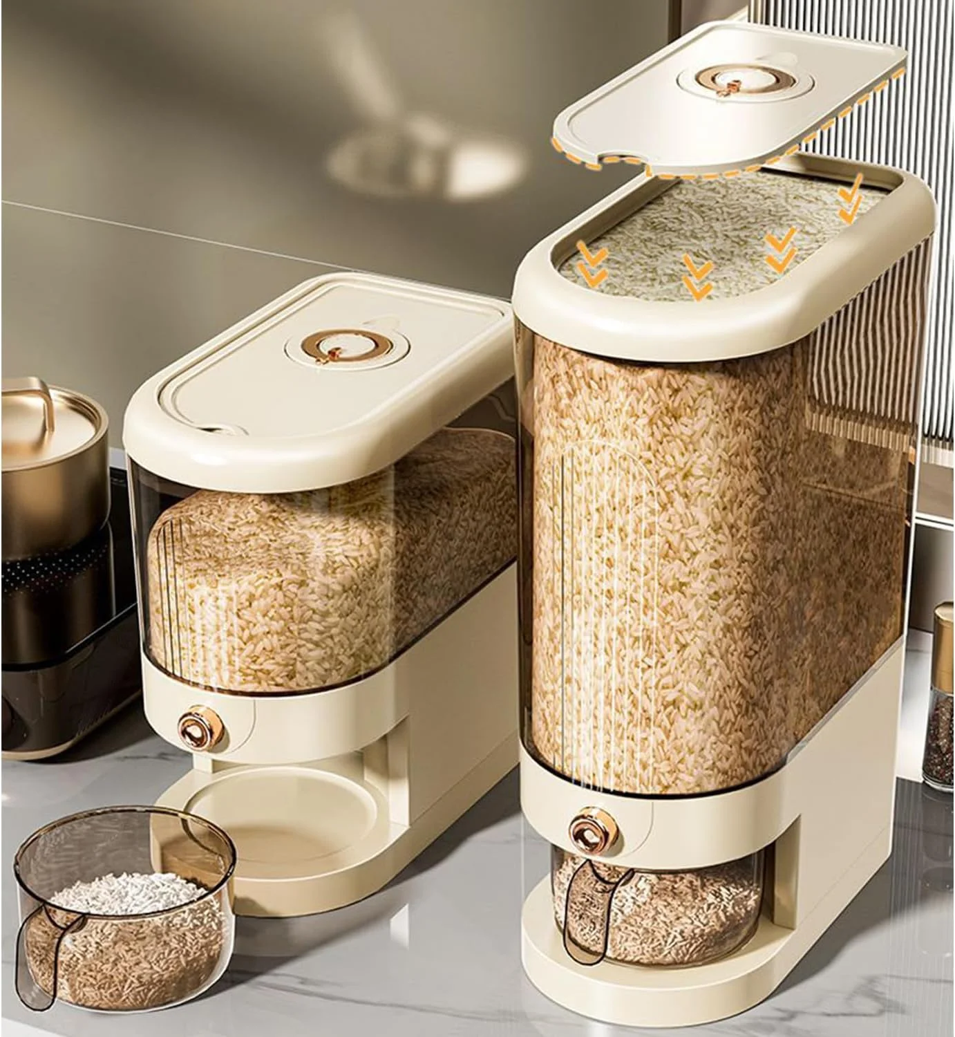 ظرف نگهداری برنج، شفاف، پلاستیکی، ظرف برنج (10 کیلوگرم) با درب، بدون BPA، ظرف پخش کننده مواد غذایی، ظرف نگهداری غلات، سطل برنج خانگی (مدل 1)