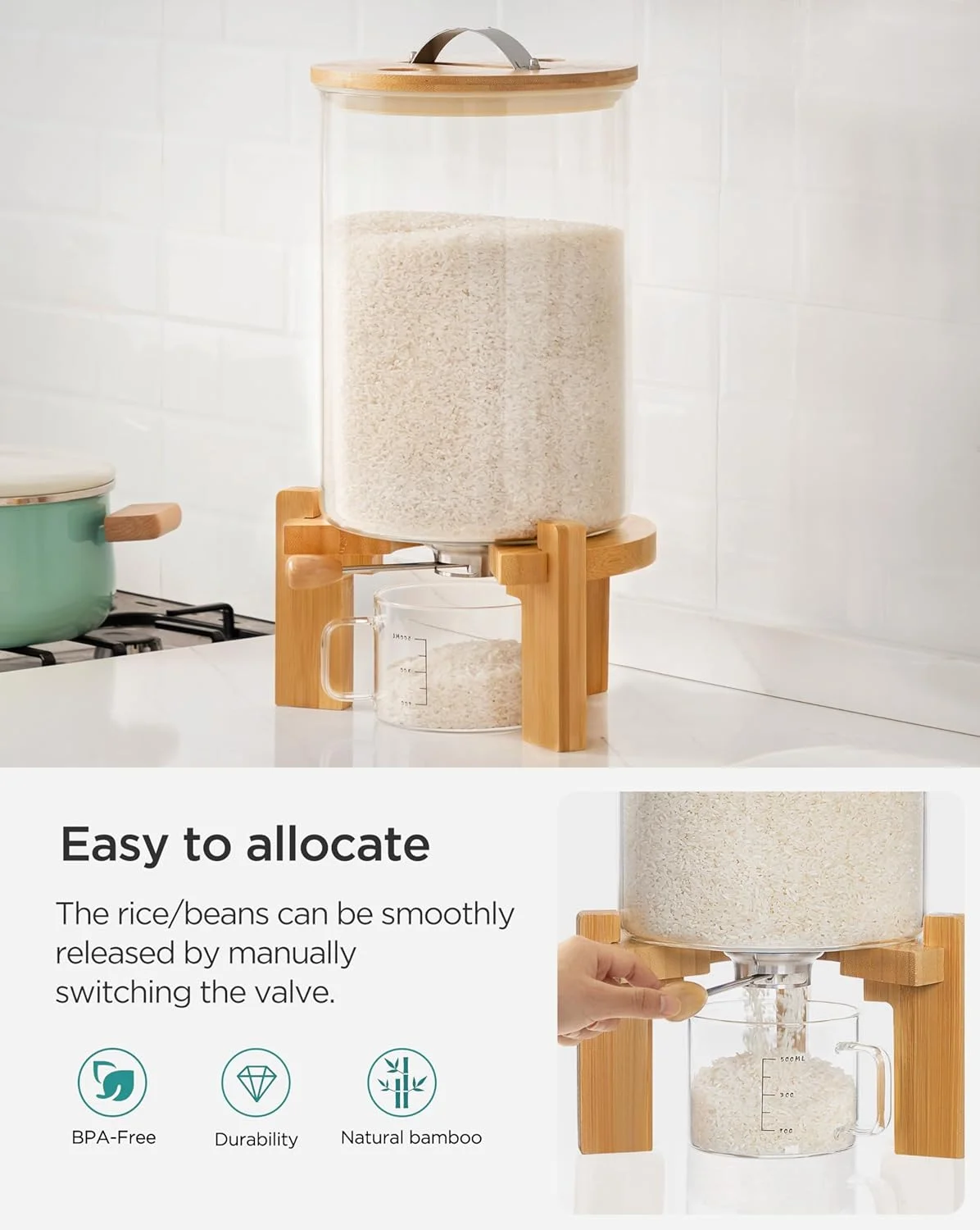 ظرف برنج شیشه ای 7.2 کیلوگرمی HBlife با پایه چوبی، ظرف آرد و غلات با پیمانه اندازه گیری شیشه ای، سطل ذخیره سازی مواد غذایی با درب بامبو و قابلیت نگهداری هوا، 8 لیتر ظرف برنج شیشه ای 7.2 کیلوگرمی HBlife با پایه چوبی، ظرف آرد و غلات با پیمانه اندازه گیری شیشه ای، سطل ذخیره سازی مواد غذایی با درب بامبو و قابلیت نگهداری هوا، 8 لیتر