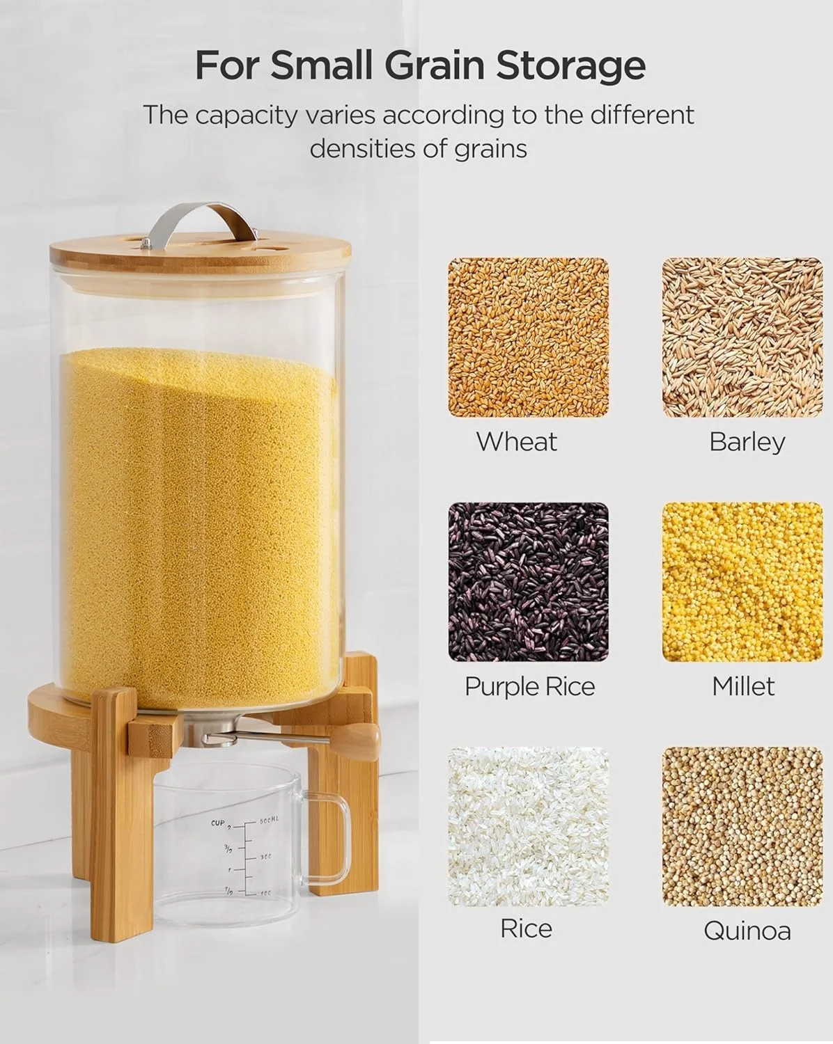 ظرف برنج شیشه ای 7.2 کیلوگرمی HBlife با پایه چوبی، ظرف آرد و غلات با پیمانه اندازه گیری شیشه ای، سطل ذخیره سازی مواد غذایی با درب بامبو و قابلیت نگهداری هوا، 8 لیتر ظرف برنج شیشه ای 7.2 کیلوگرمی HBlife با پایه چوبی، ظرف آرد و غلات با پیمانه اندازه گیری شیشه ای، سطل ذخیره سازی مواد غذایی با درب بامبو و قابلیت نگهداری هوا، 8 لیتر