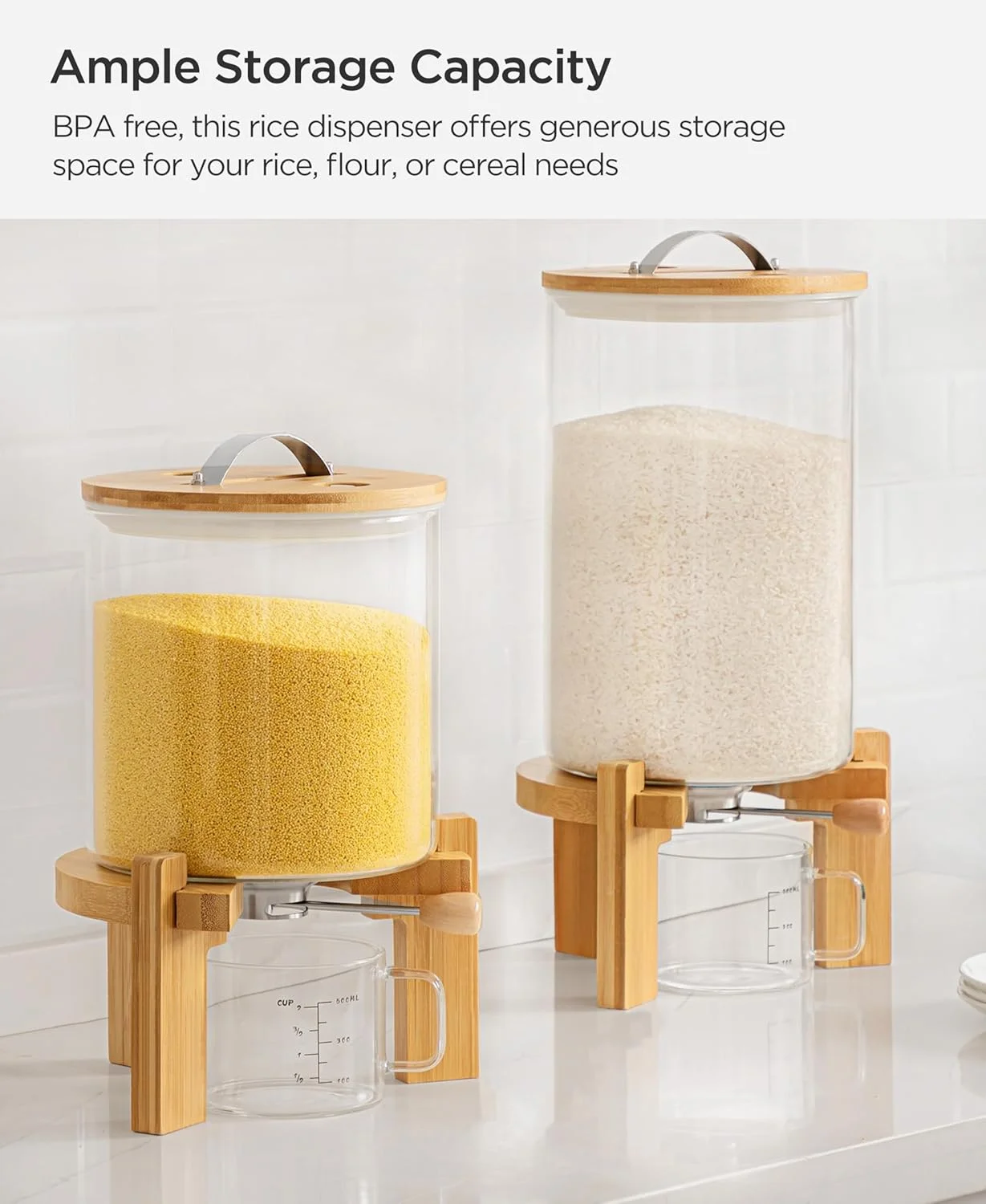 ظرف برنج شیشه ای 7.2 کیلوگرمی HBlife با پایه چوبی، ظرف آرد و غلات با پیمانه اندازه گیری شیشه ای، سطل ذخیره سازی مواد غذایی با درب بامبو و قابلیت نگهداری هوا، 8 لیتر ظرف برنج شیشه ای 7.2 کیلوگرمی HBlife با پایه چوبی، ظرف آرد و غلات با پیمانه اندازه گیری شیشه ای، سطل ذخیره سازی مواد غذایی با درب بامبو و قابلیت نگهداری هوا، 8 لیتر