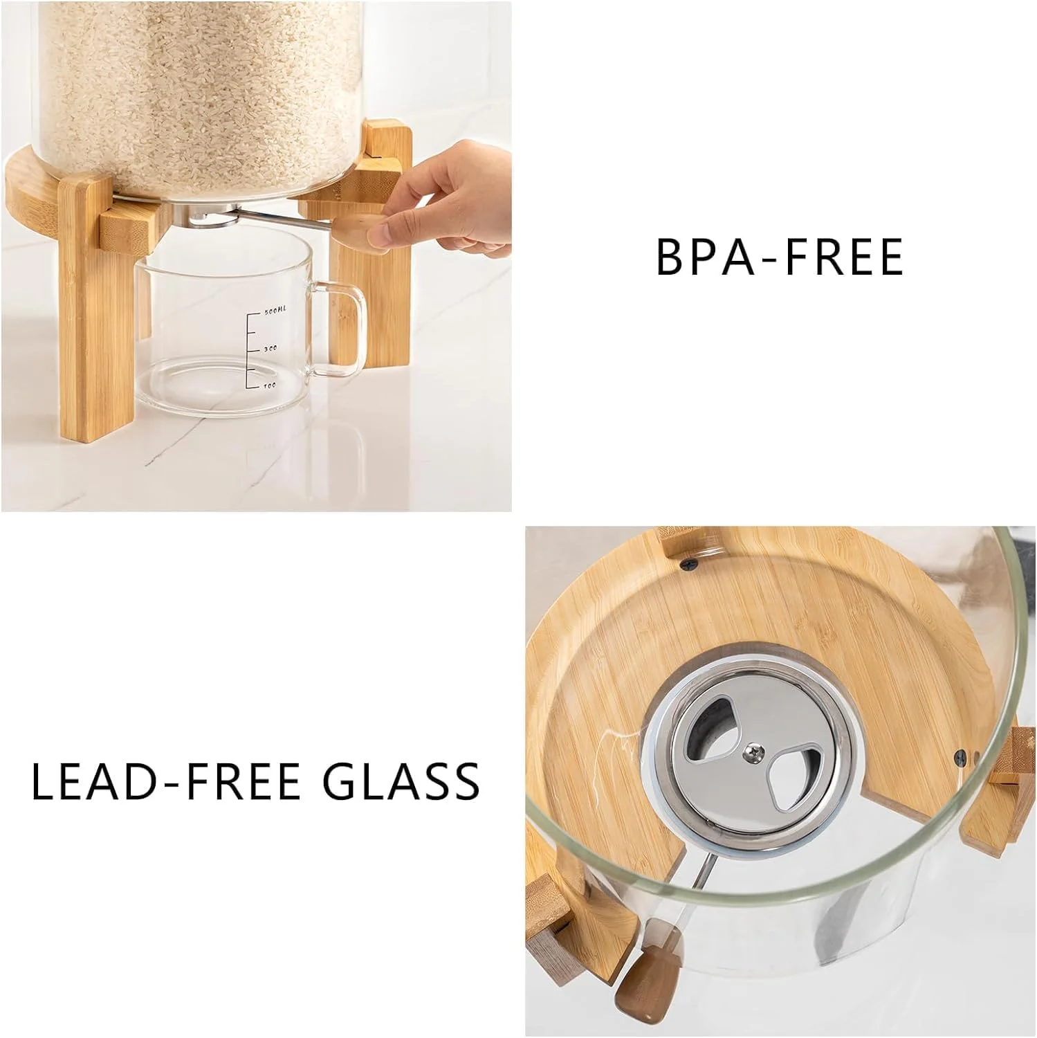 ظرف برنج شیشه ای با پایه چوبی، ظرف آرد و غلات به همراه پیمانه اندازه گیری شیشه ای، سطل ذخیره سازی مواد غذایی برای سازماندهی انبار با درب بامبو محکم، 5 لیتر ظرف برنج شیشه ای با پایه چوبی، ظرف آرد و غلات به همراه پیمانه اندازه گیری شیشه ای، سطل ذخیره سازی مواد غذایی برای سازماندهی انبار با درب بامبو محکم، 5 لیتر