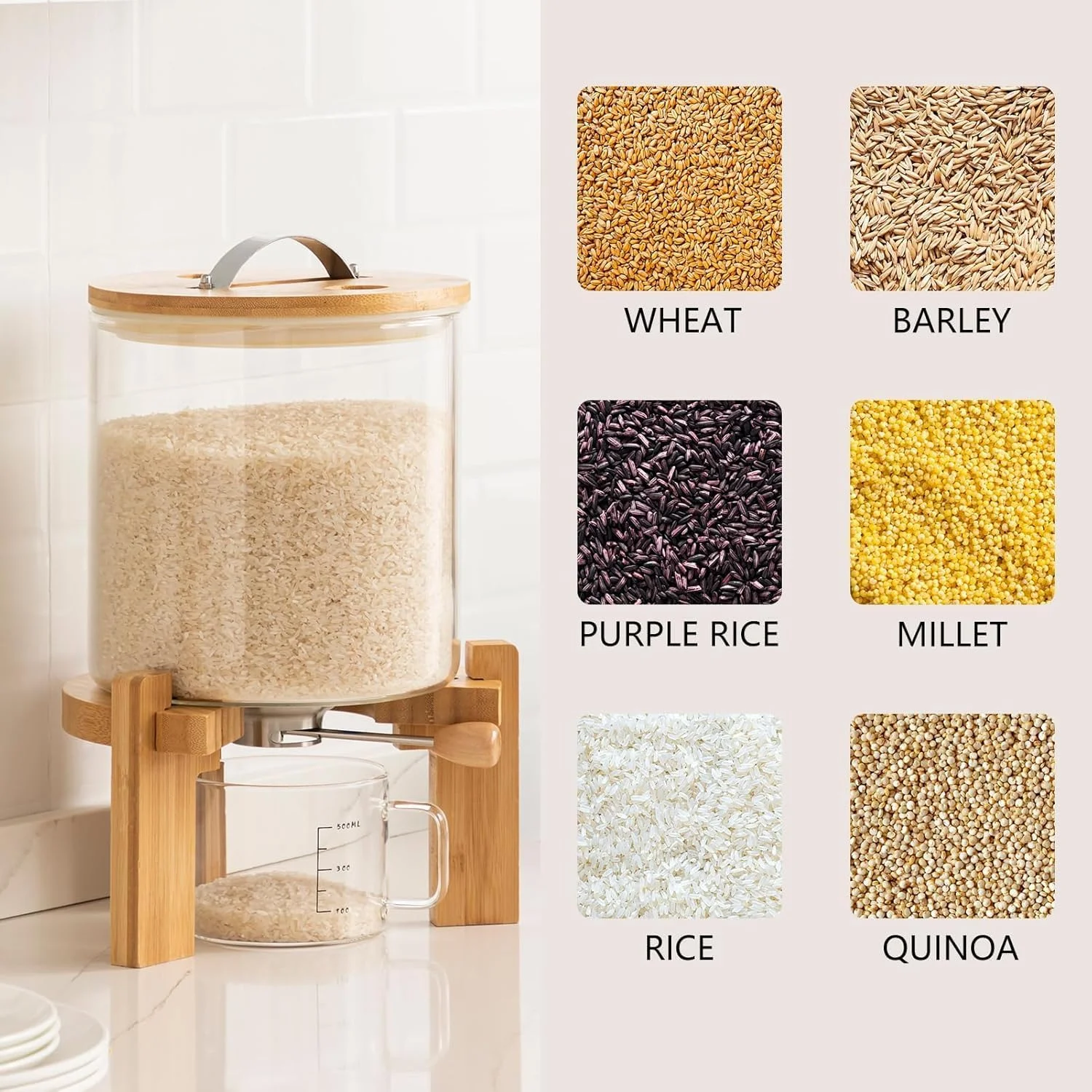 ظرف برنج شیشه ای با پایه چوبی، ظرف آرد و غلات به همراه پیمانه اندازه گیری شیشه ای، سطل ذخیره سازی مواد غذایی برای سازماندهی انبار با درب بامبو محکم، 5 لیتر ظرف برنج شیشه ای با پایه چوبی، ظرف آرد و غلات به همراه پیمانه اندازه گیری شیشه ای، سطل ذخیره سازی مواد غذایی برای سازماندهی انبار با درب بامبو محکم، 5 لیتر