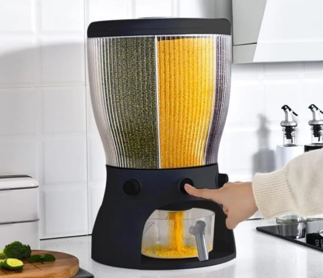 ظرف نگهداری مواد غذایی، مخزن برنج بزرگ 3 قسمتی چرخشی با پیمانه اندازه گیری، جعبه نگهداری مواد غذایی مهر و موم شده اتوماتیک (مشکی) ظرف نگهداری مواد غذایی، مخزن برنج بزرگ 3 قسمتی چرخشی با پیمانه اندازه گیری، جعبه نگهداری مواد غذایی مهر و موم شده اتوماتیک (مشکی)