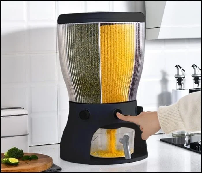 ظرف نگهداری مواد غذایی، مخزن برنج بزرگ 3 قسمتی چرخشی با پیمانه اندازه گیری، جعبه نگهداری مواد غذایی مهر و موم شده اتوماتیک (مشکی) ظرف نگهداری مواد غذایی، مخزن برنج بزرگ 3 قسمتی چرخشی با پیمانه اندازه گیری، جعبه نگهداری مواد غذایی مهر و موم شده اتوماتیک (مشکی)