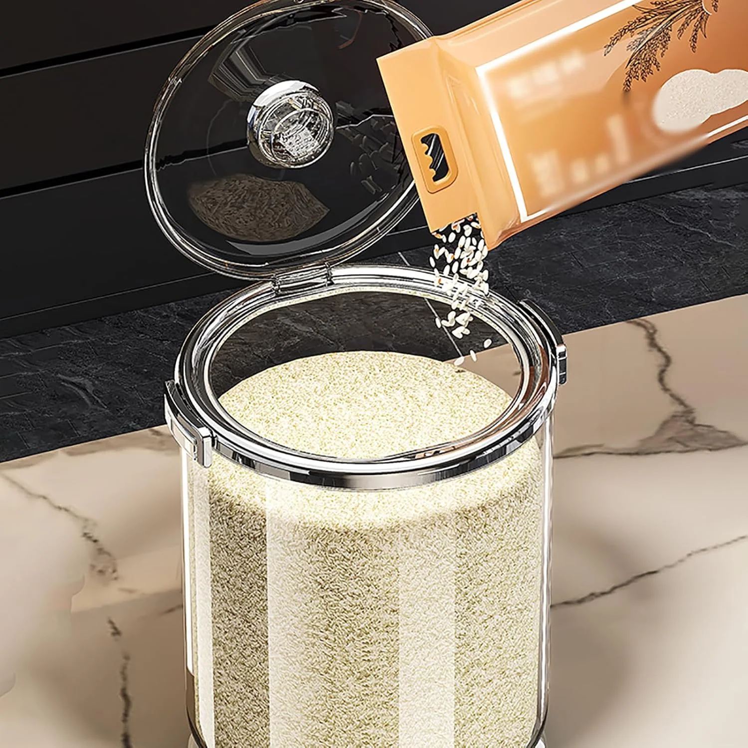 ظرف نگهداری برنج با ظرفیت بزرگ، ظرف پخش کننده برنج گرد، با درب + پیمانه اندازه گیری، تجسم شفاف، فلپ بزرگ 90 درجه، برای سازماندهی آشپزخانه و خانه، 15 کیلوگرم، مشکی ظرف نگهداری برنج با ظرفیت بزرگ، ظرف پخش کننده برنج گرد، با درب + پیمانه اندازه گیری، تجسم شفاف، فلپ بزرگ 90 درجه، برای سازماندهی آشپزخانه و خانه، 15 کیلوگرم، مشکی