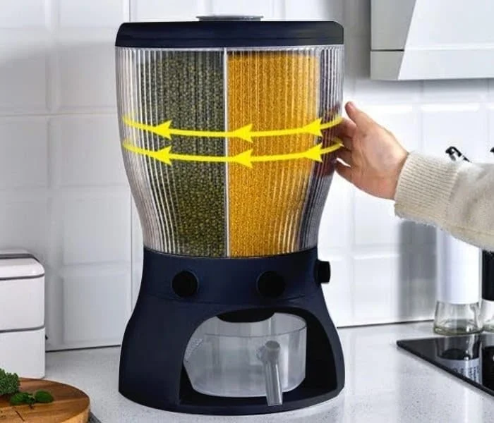 ظرف نگهداری مواد غذایی، مخزن برنج بزرگ 3 قسمتی چرخشی با پیمانه اندازه گیری، جعبه نگهداری مواد غذایی مهر و موم شده اتوماتیک (مشکی) ظرف نگهداری مواد غذایی، مخزن برنج بزرگ 3 قسمتی چرخشی با پیمانه اندازه گیری، جعبه نگهداری مواد غذایی مهر و موم شده اتوماتیک (مشکی)