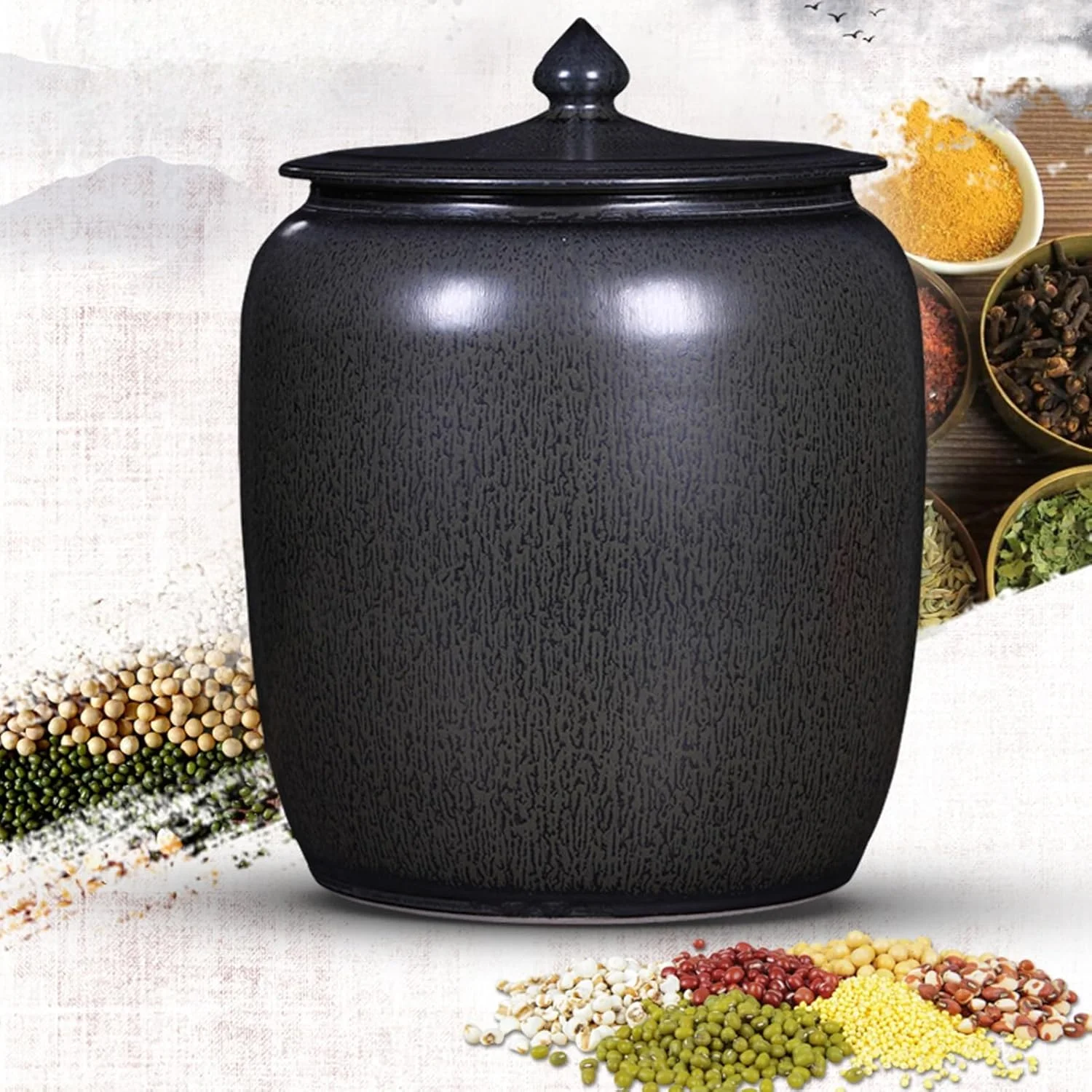 ظرف برنج سرامیکی، شیشه نگهداری مواد غذایی و ظرف برنج سرامیکی با درب، ظرف نگهداری برنج، شیشه درب دار مهر و موم شده آشپزخانه، پخش کننده غلات برای آرد، برنج، آجیل، تنقلات (25 کیلوگرم)