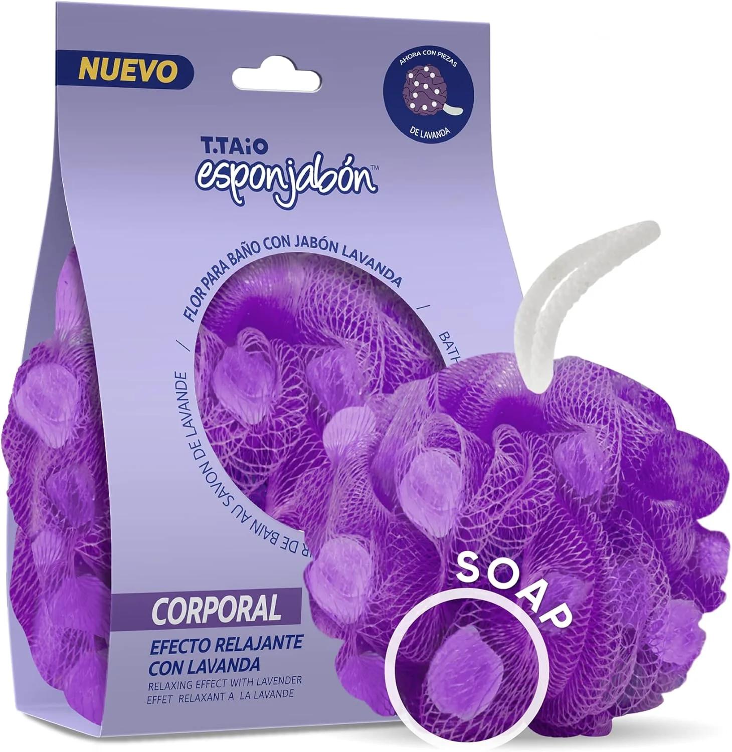اسفنج صابونی T.Taio Esponjabon برای حمام - لیف لوفا - توپ شستشوی بدن - اسکرابر پفکی توری برای پاکسازی کامل و کف کردن پوست - لوازم جانبی ضروری حمام - رایحه اسطوخودوس تازه