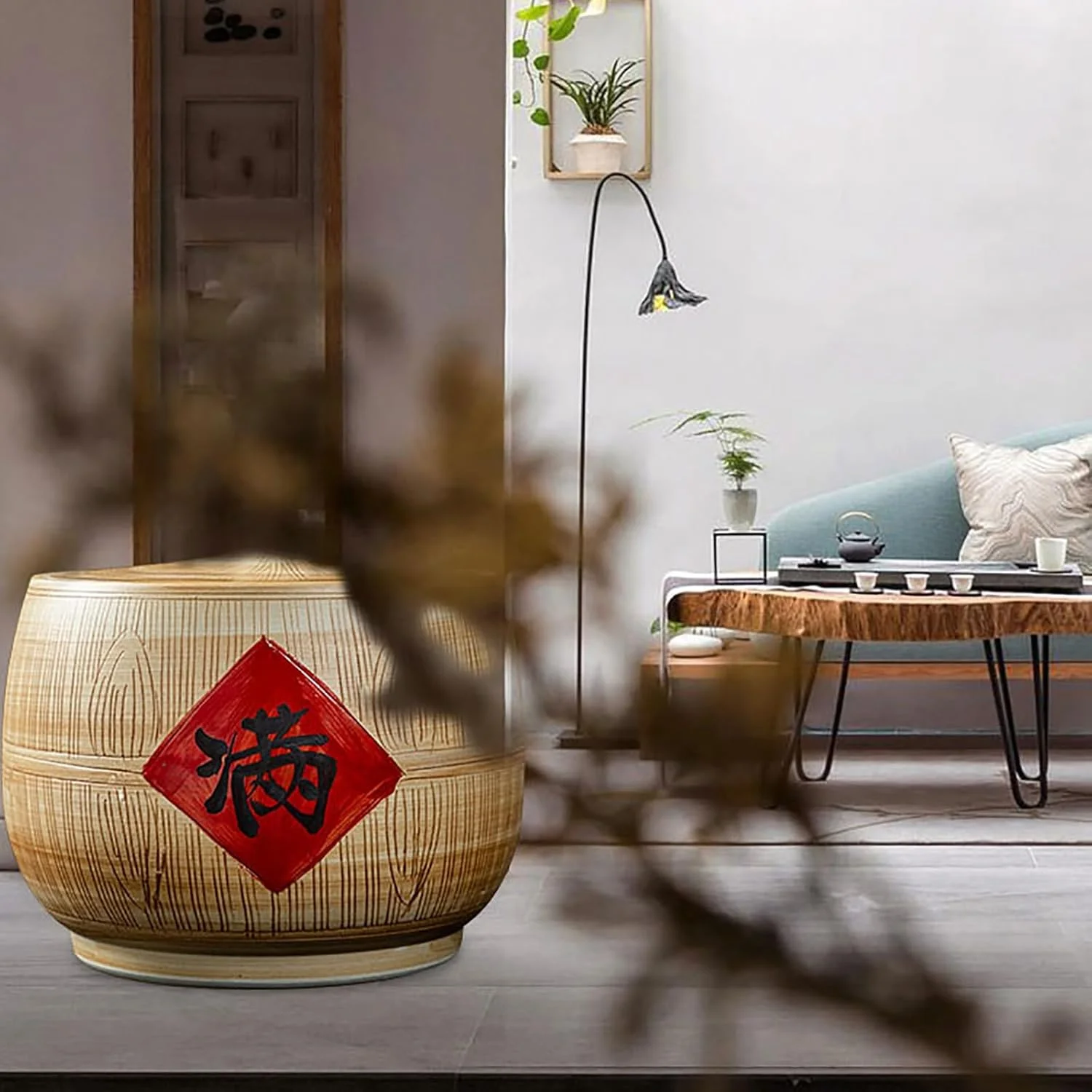 ظرف سرامیکی استوانه ای برنج با درب، ظرف نگهداری مواد غذایی فله ای و برنج - ظرف پخش کننده برنج، سطل نگهداری مواد غذایی برای غلات، تنقلات، آب نبات، دانه های قهوه، پخش کننده مواد غذایی، پخش کننده غلات