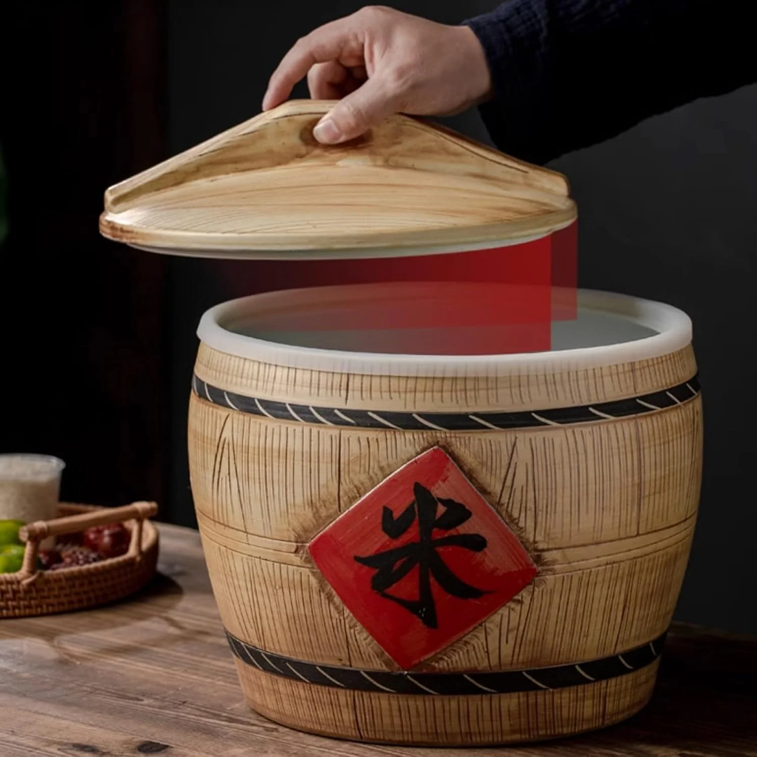 ظرف برنج سرامیکی، استوانه برنج سرامیکی با درب، ظرف نگهداری برنج به سبک چینی، ظرف نگهداری مواد غذایی آشپزخانه، مناسب برای آرد، آجیل، تنقلات (10 کیلوگرم مدل A)