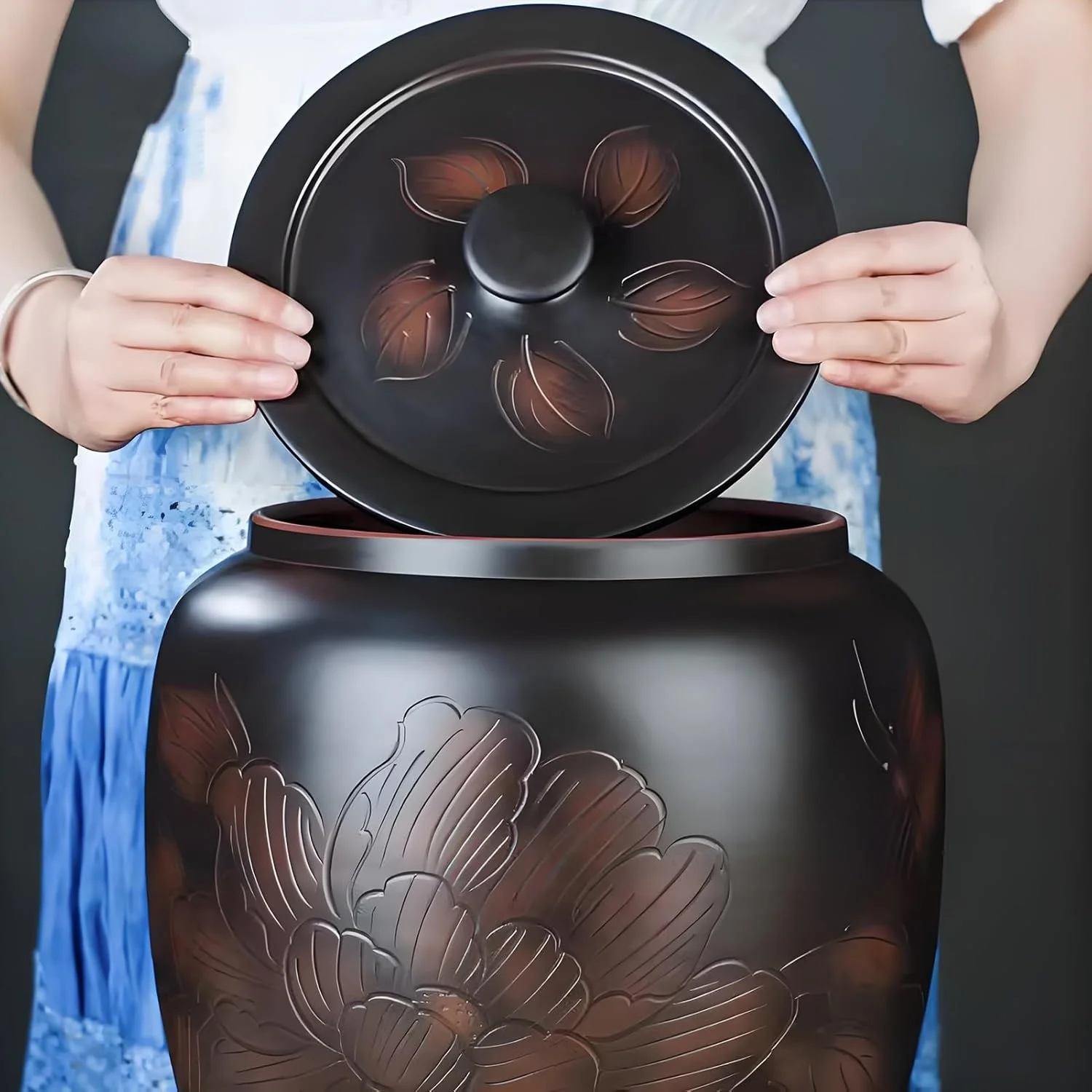 ظرف برنج سرامیکی، سطل برنج سرامیکی با درب، ظرف نگهداری برنج کلاسیک، ظرف نگهداری مواد غذایی، ظرف برنج چینی، برای آرد، شکر، بلغور جو دوسر (15 کیلوگرم)