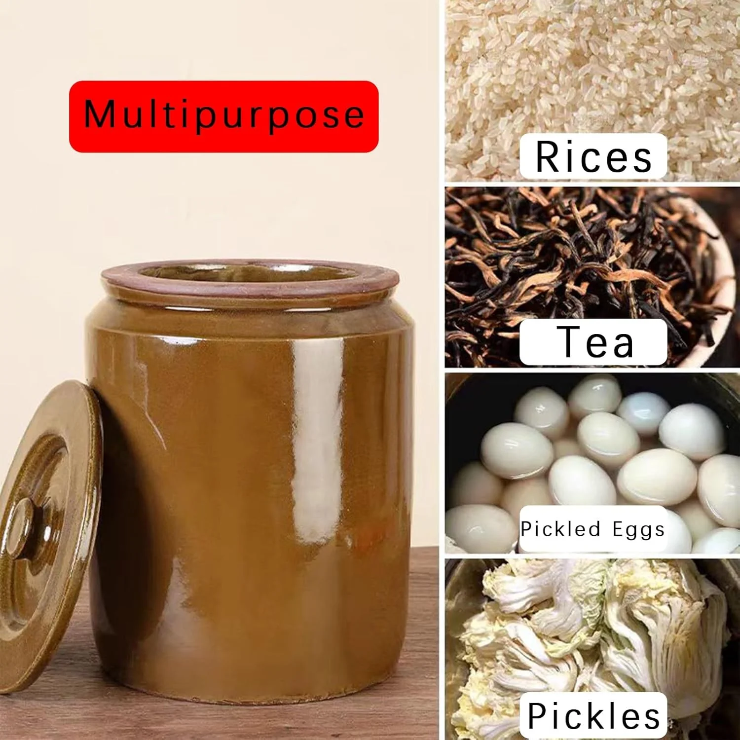 ظرف برنج سرامیکی، مخزن برنج، ظرف برنج سرامیکی با درب محکم، ظرف نگهداری برنج آشپزخانه برای کلوچه، غلات، آرد، شکر (15 کیلوگرم)